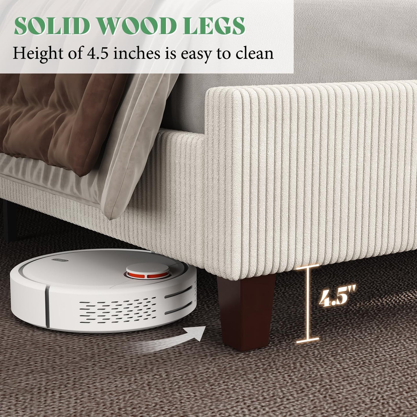 AMERLIFE Queen Size Upholstered Bed Frame with 50.8" Tall Headboard, Wingback Platform Bed with Solid Wood Legs, Wooden Slats, Corduroy/No Box Spring Needed/Noise Free/Cream