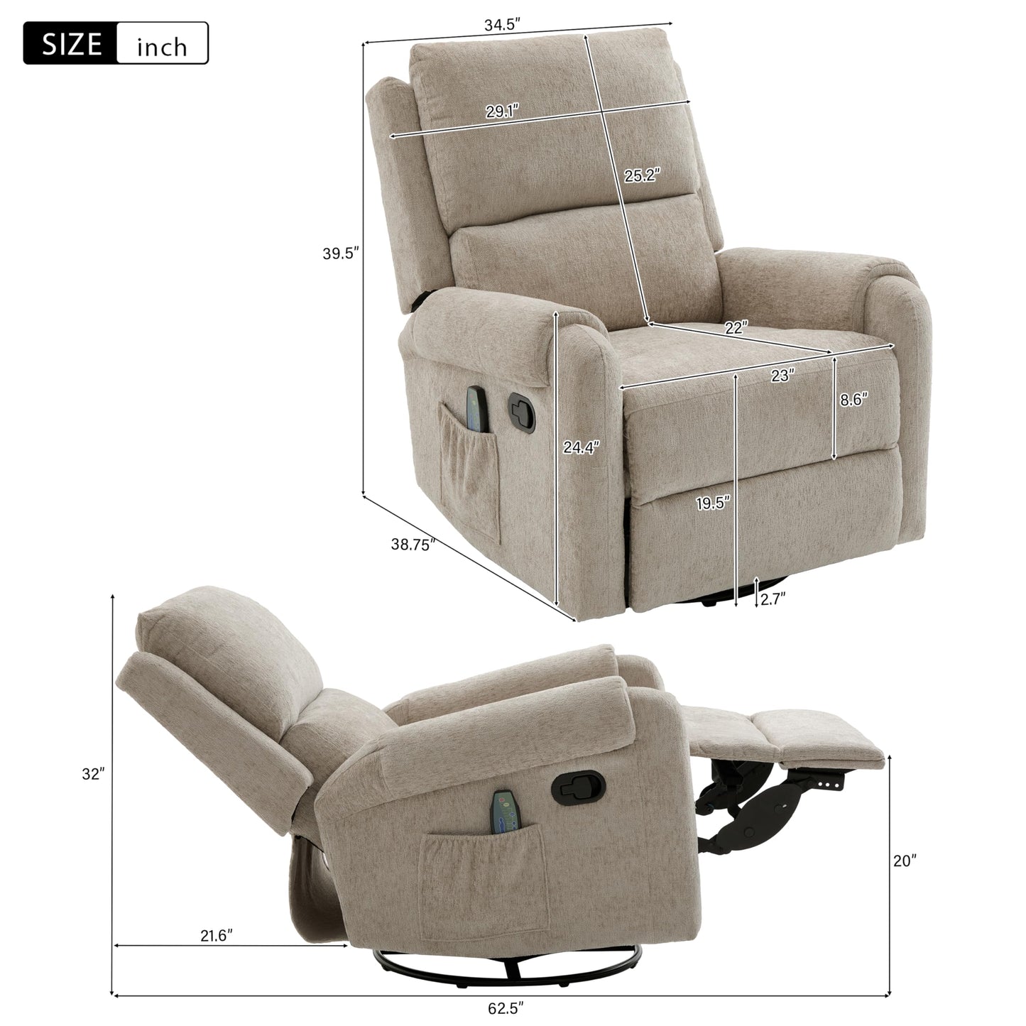 Christopher Knight Home Harper Massage Recliner Chair with 8 Modes, Chenille Upholstered Recliner Sofa, Swivel Massage Chair with a Side Storage Pocket for Living Room/Bedroom,Head Support,Light Brown