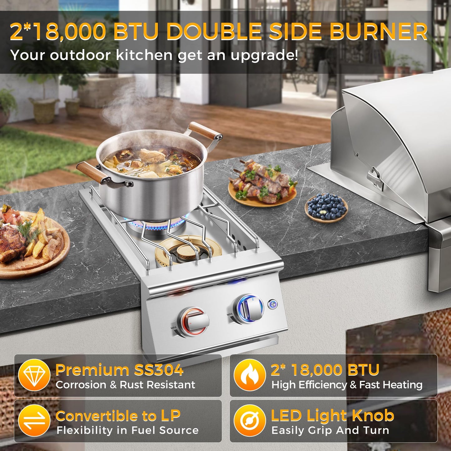 Huishenplus Grilling Side Burners for Outdoor Kitchen, 2 * 18,000BTU Natural Gas Side Burner,Convertible to Liquid Propane, Duty Heavy 304 Stainless Steel, Double Burner for BBQ Island Gril, Gold