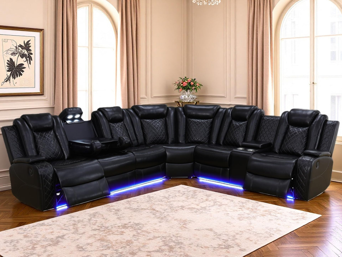 Trygoal Power Reclining Sectional Sofa Set, L-Shaped Leather Sectional Couches for Living Room, Home Theater Seating with Cup Holder, Modern Power Recliner Sofa Sets with LED Lights, Net Design, Black