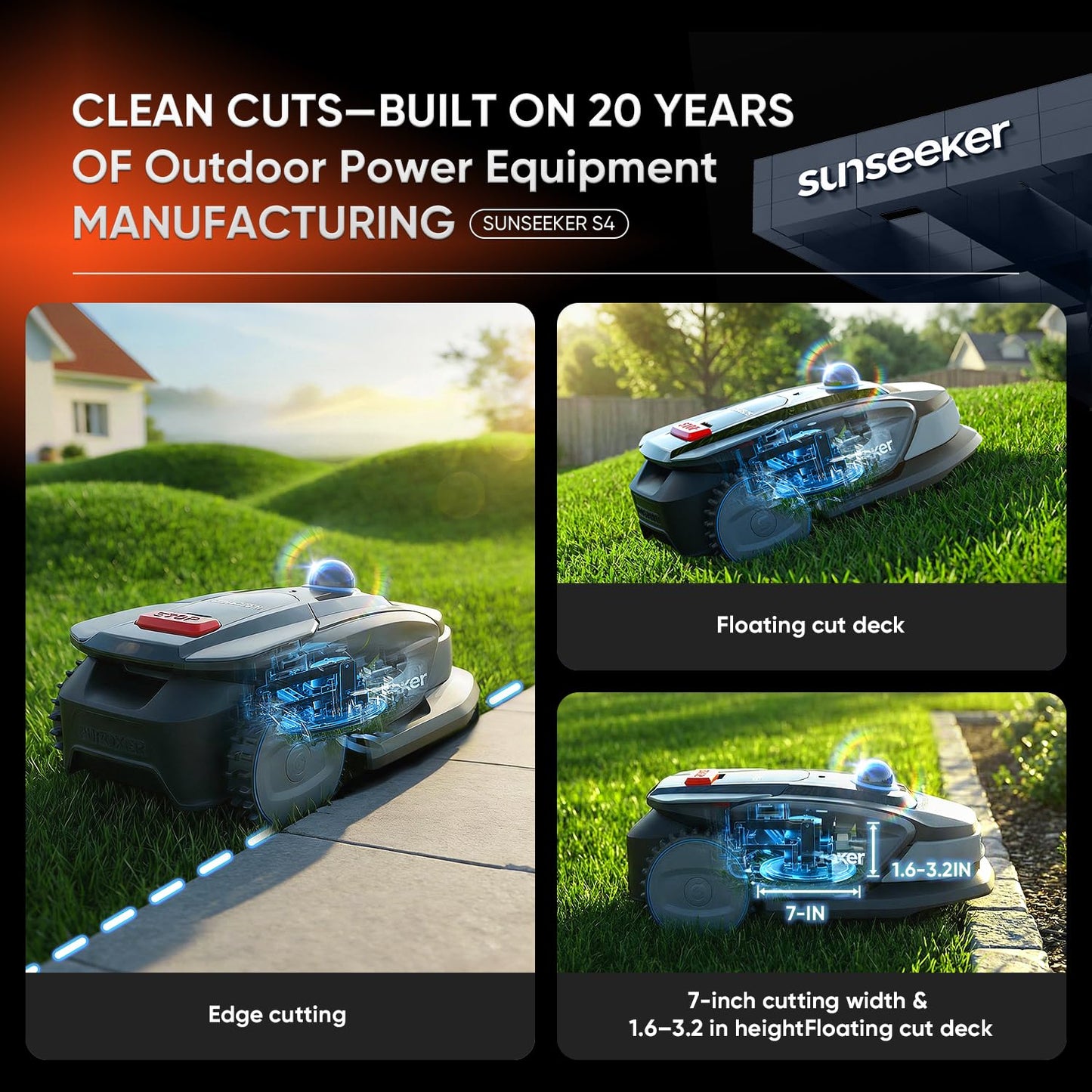 Sunseeker S4 LiDAR Robot Lawn Mower for Up to 0.25 Acre (1000 m²), Vision AI + 360° 3D LiDAR Navigation, Wire-Free Virtual Boundary, Systematic Cutting, 42% Slope, App Control, 60 dB Quiet Mowing