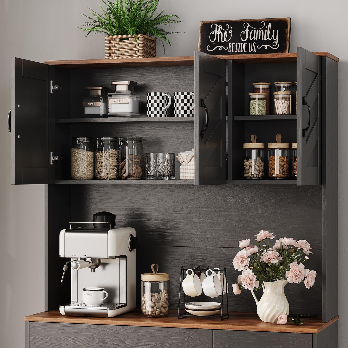 IDEALHOUSE 71" Kitchen Pantry Storage Cabinet with Charging Station, Farmhouse Kitchen Hutch Cabinet with 2 Storage Drawers, Large Food Pantry with Microwave Stand for Dining Room,Living Room,Black
