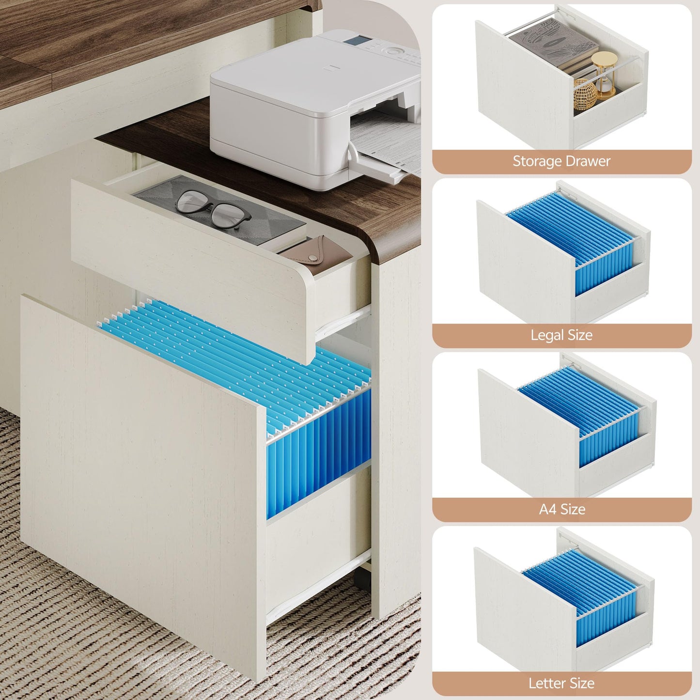 Homiflex Mid-Century Modern 78" L-Shaped Executive Desk with Independent Mobile File Cabinet, Large Home Office Desk with Drawers and 4 AC + 2 USB Power Outlets, Waterfall Edge Design, White & Walnut