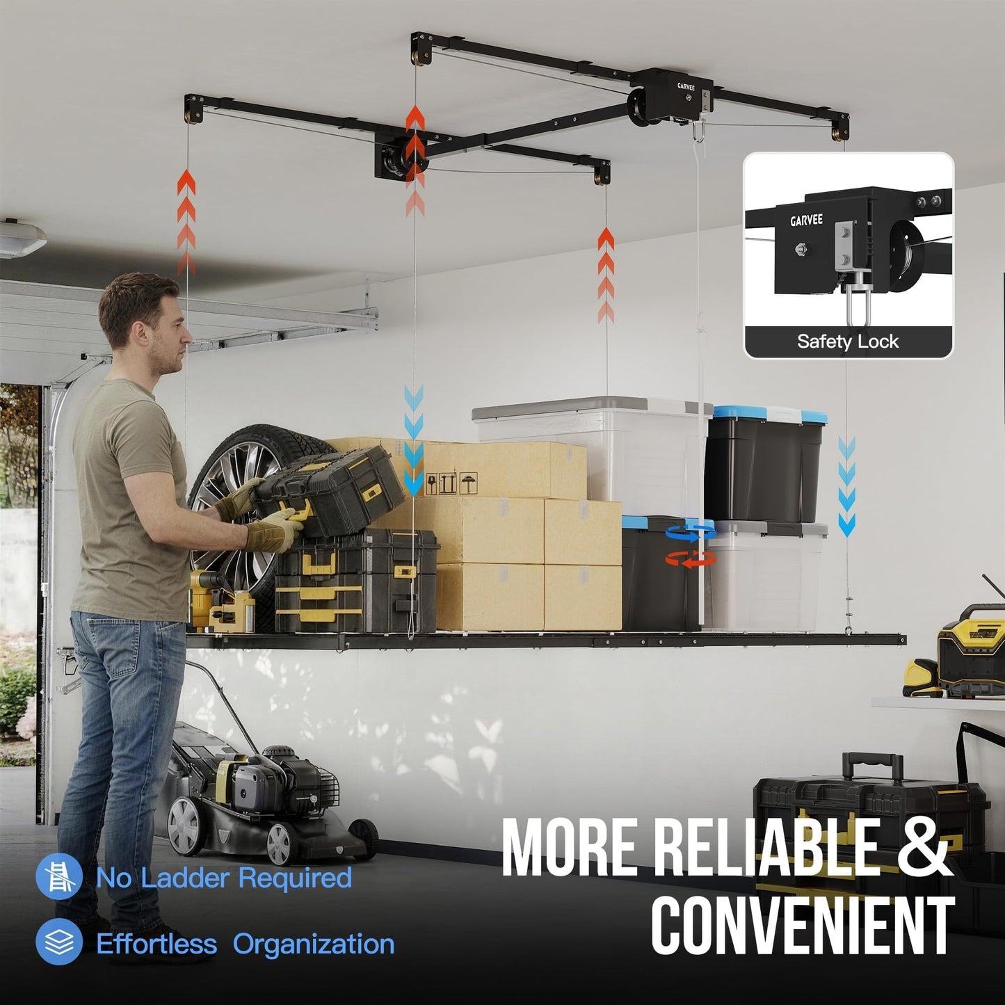 Garvee Overhead Garage Storage Rack Lift, 4x8 ft Ceiling Mounted Storage Racks, 12FT Max Adjustable Height, 800lbs Weight Capacity, Heavy-Duty Metal Ceiling Rack for Organization