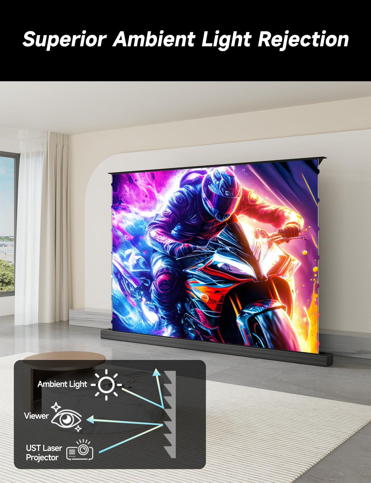 IN&VI 100" Motorized ALR Projector Screen for Ultra Short Throw Projector, Floor Rising Projector Screen, 95% Ambient Light Rejecting, 4K/8K UHD Active 3D, Anti Daylight Home Theater Screen