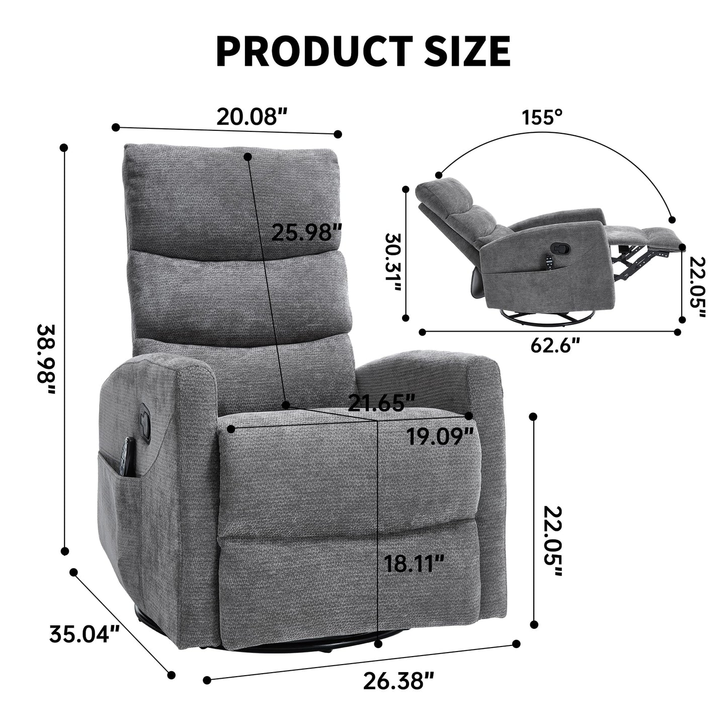 KEIKI 4-in-1 Manual Swivel Rocker Recliner Chair for Home Living Room, Chenille Chair with Back Massager & Heat, Home Theater Seating with Lumbar Support, Cozy Small Bedroom Chairs for Adults, Grey