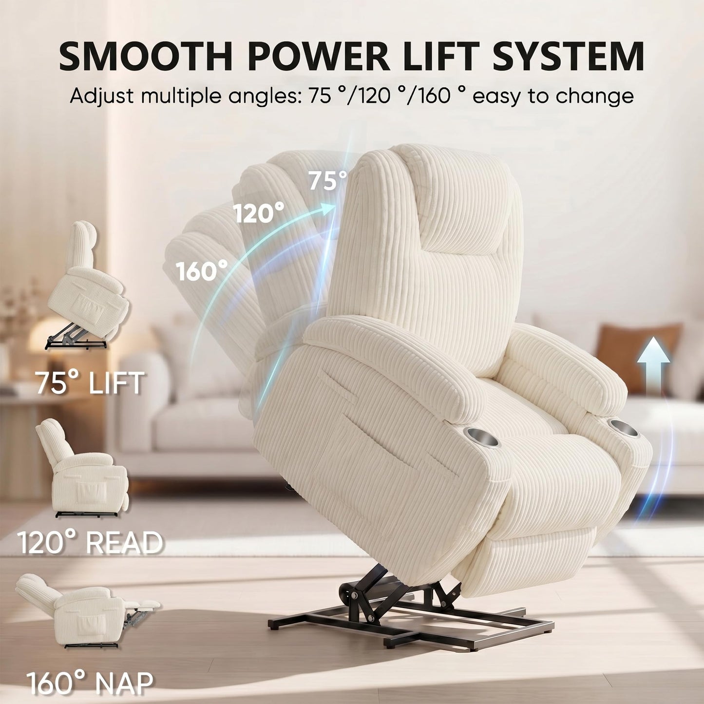 Flamaker Power Lift Chair Massage Recliner Chairs for Elderly, Corduroy Ergonomic Design with Cup Holders & Side Pockets, Remote Control (White)