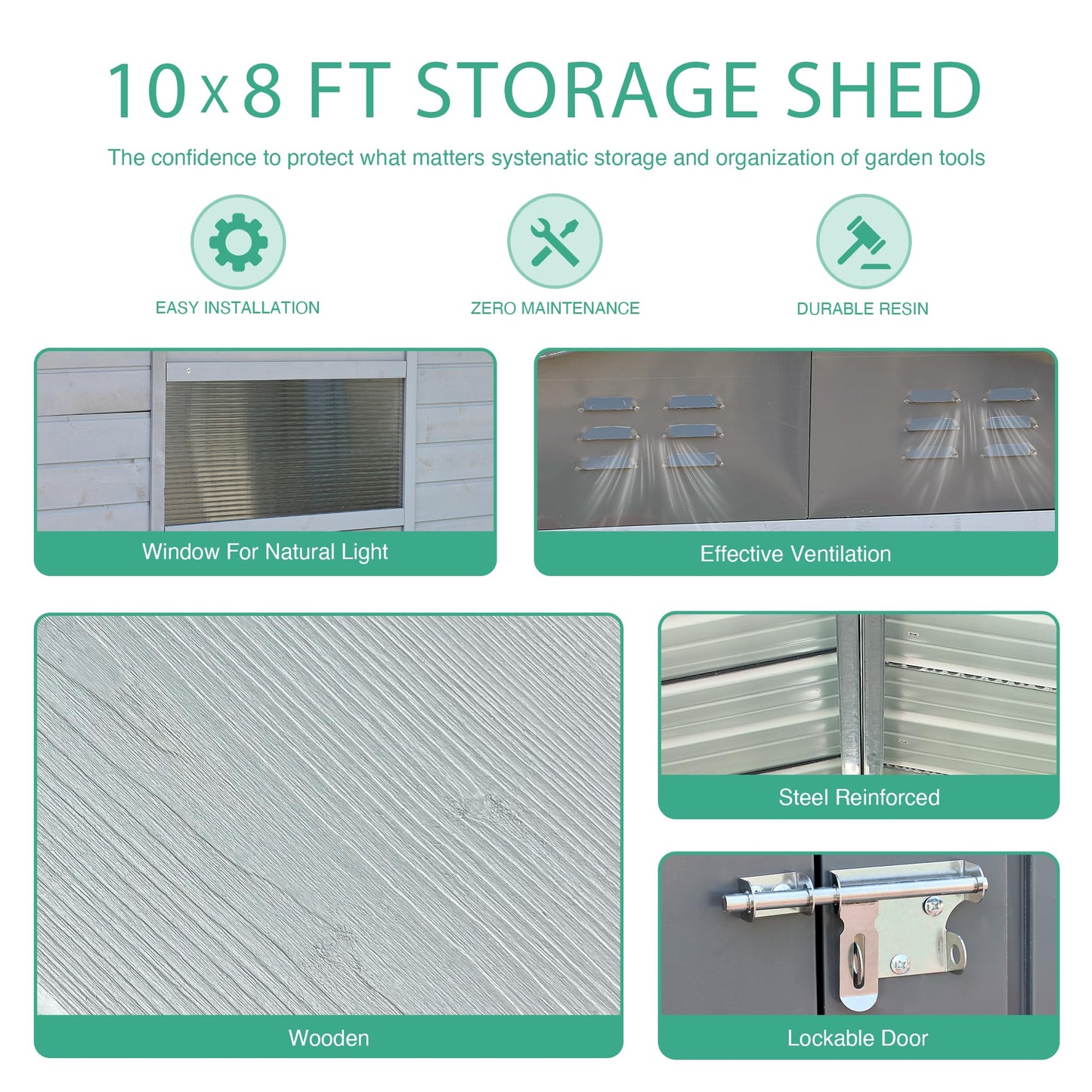 Jaxenor 8x10 FT Outdoor Wood Storage Shed, Garden Tool Shed with Windows, Outside Storage Shed Waterproof for Backyard, Garden, Patio, 4 Vents (Without Floor) Gray