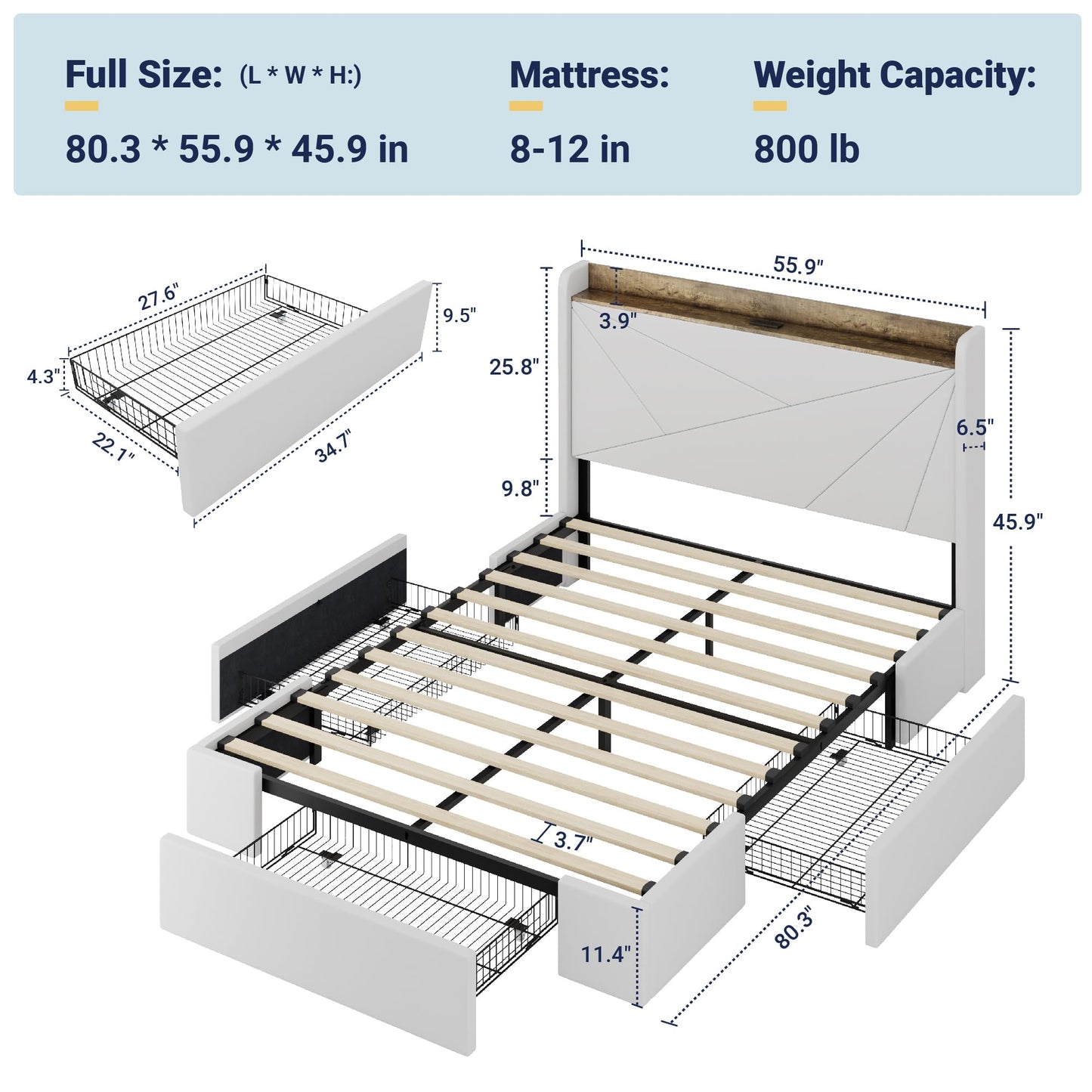 Allewie Full Size Velvet Bed Frame with 3 Storage Drawers, Upholstered Platform Bed with Wingback Storage Headboard and USB Ports, No Box Spring Needed, Easy Assembly, White