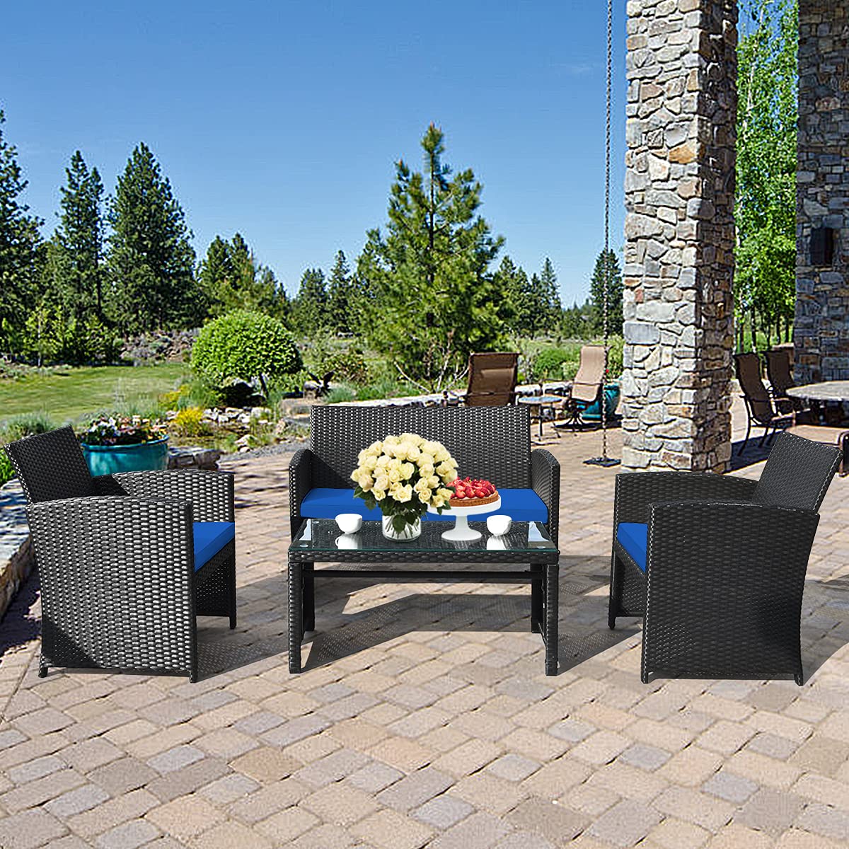 Tangkula 4 Pieces Patio Wicker Conversation Furniture Set, Patiojoy Sofa & Table Set w/4 Seats, Outdoor Rattan Sofa Set for Balcony Backyard, Wicker Chair Set with Tempered Glass Coffee Table