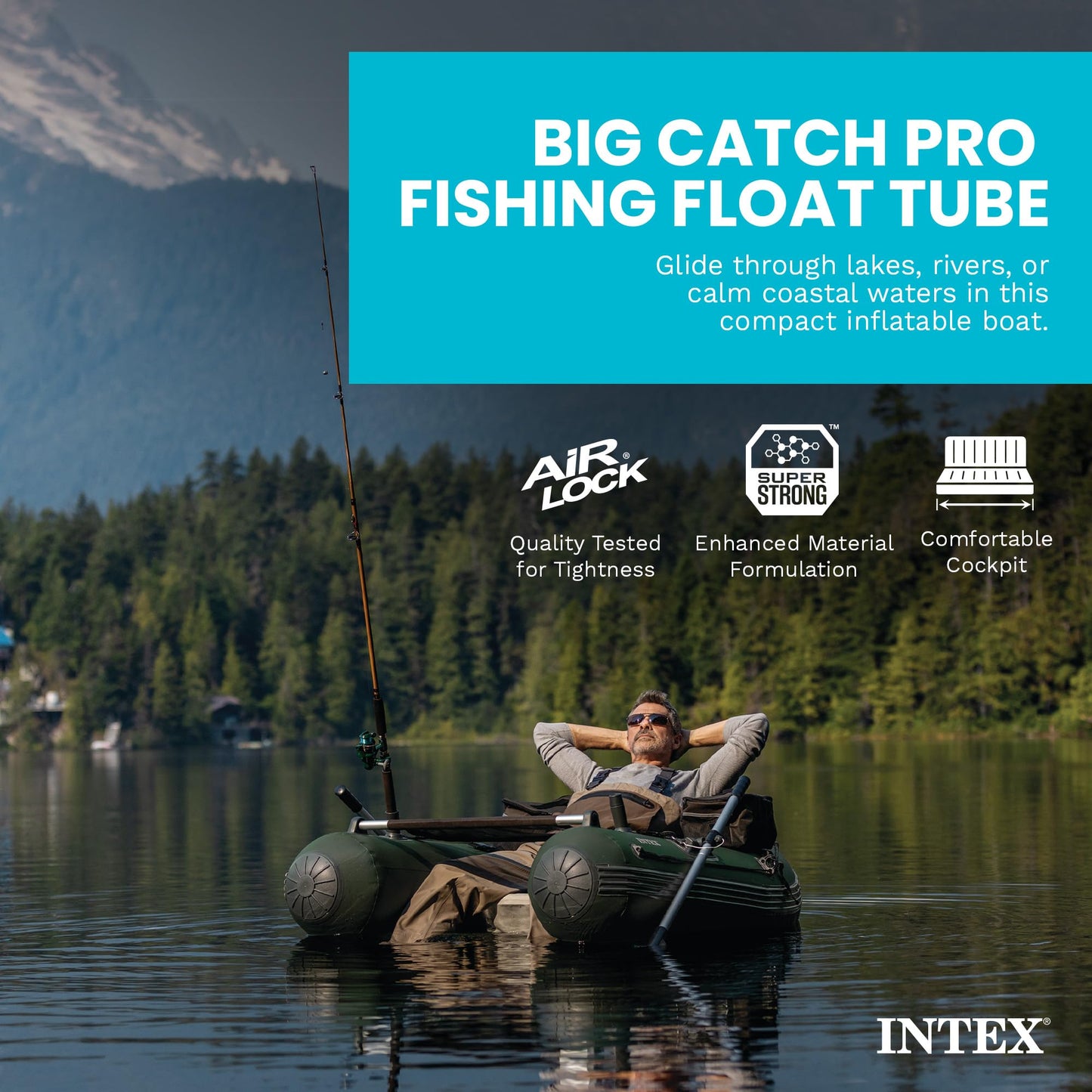 INTEX Big Catch Pro Inflatable Fishing Float Tube: Includes Deluxe 54in Boat Oars and High-Output Pump - Detachable Fishing Rod Holders - Mesh Fish Ruler - Heavy-Duty Backpack - 308lb Weight Capacity