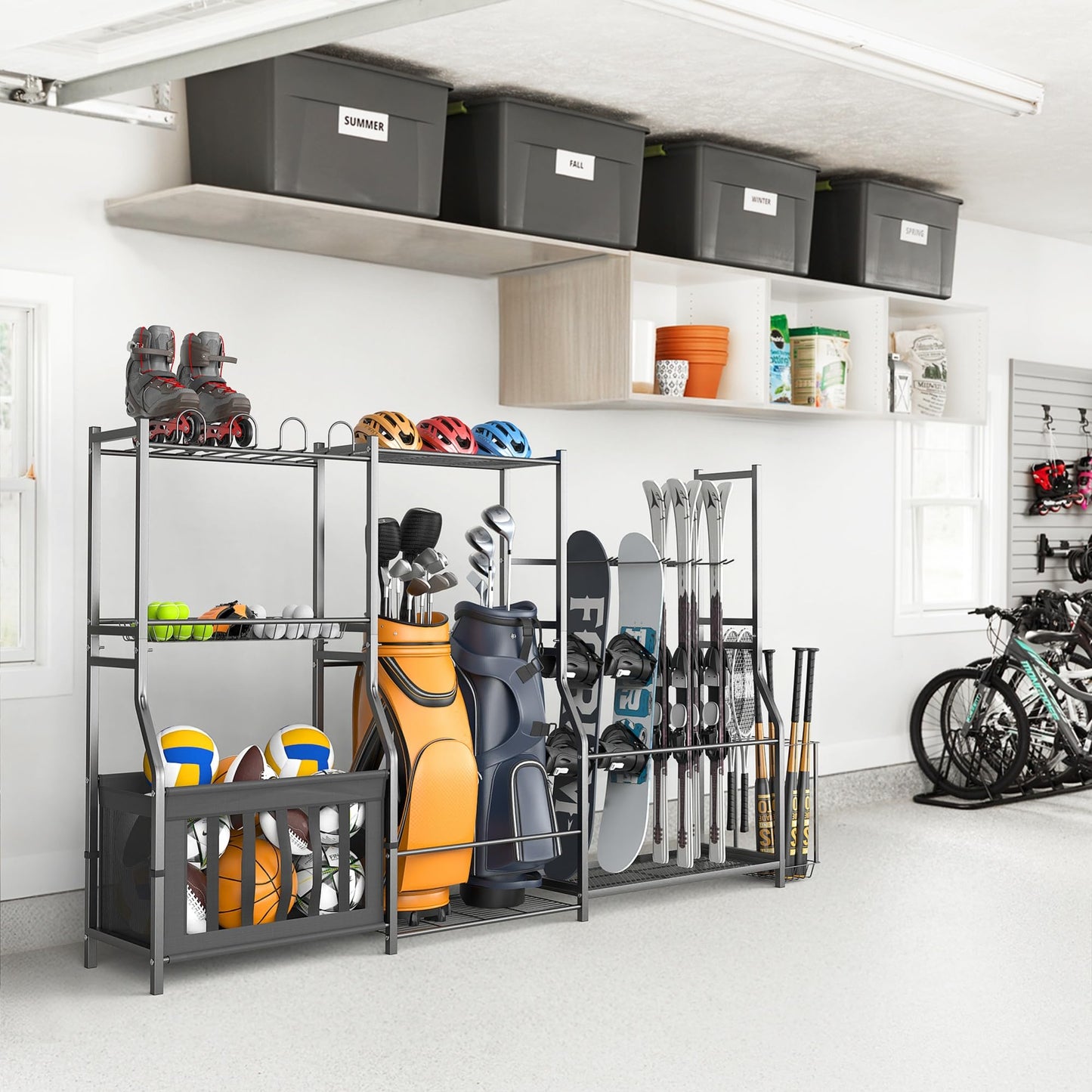 WALMANN Garage Sports Equipment Organizer Stand, Freestanding Ski & Snowboard Storage Rack with Ball Bin and Golf Bag Holder, Multi-Sport Storage for Garage