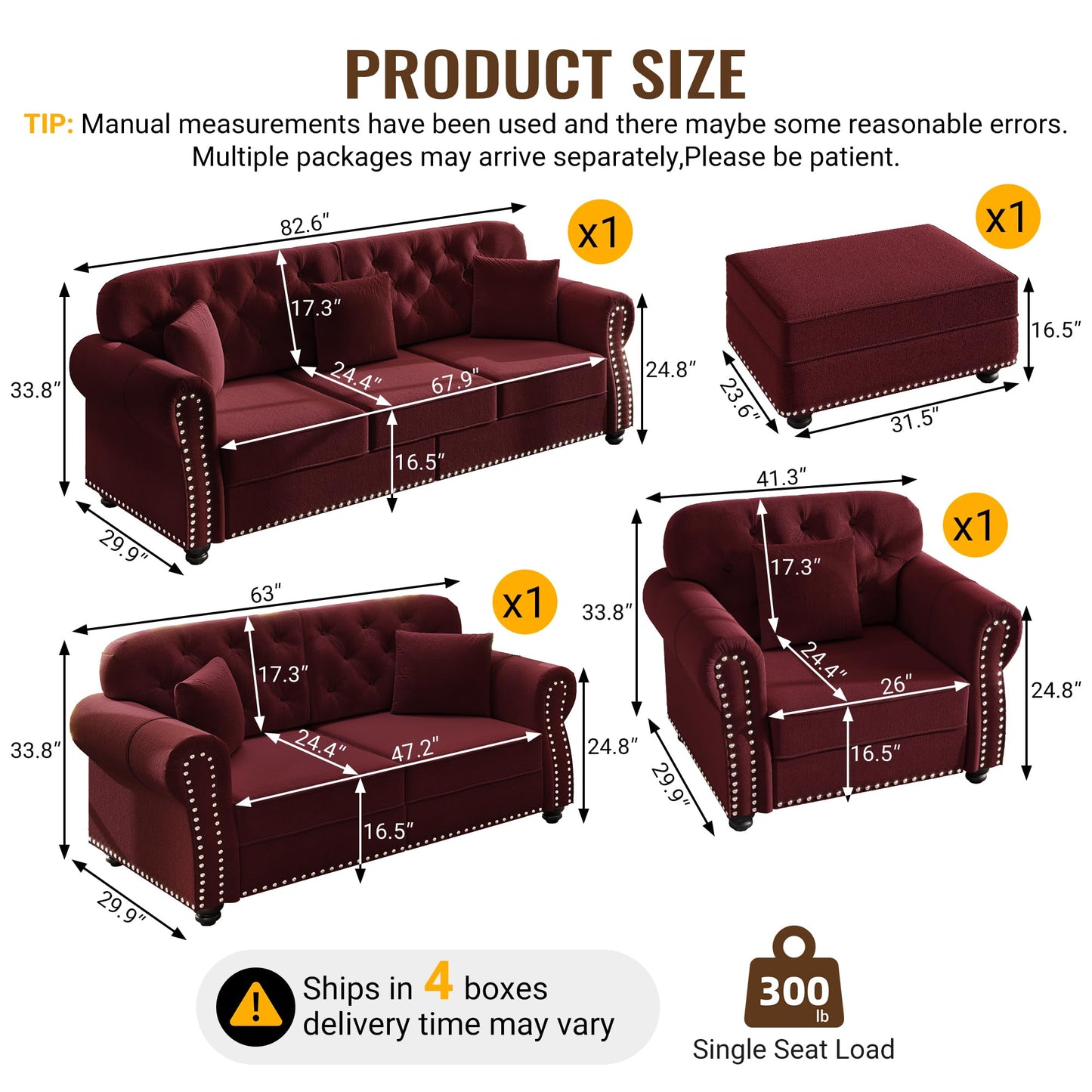 KEIKI 3-Piece Chesterfield Sofa Set with 1 Velvet 3-Seater Sofa & 1 Loveseat & 1 Single Sofa, 6-Seater Couch Set with Nailhead Trim & Rolled Arms & 1 Ottoman & 6 Pillow, for Living Room, Burgundy