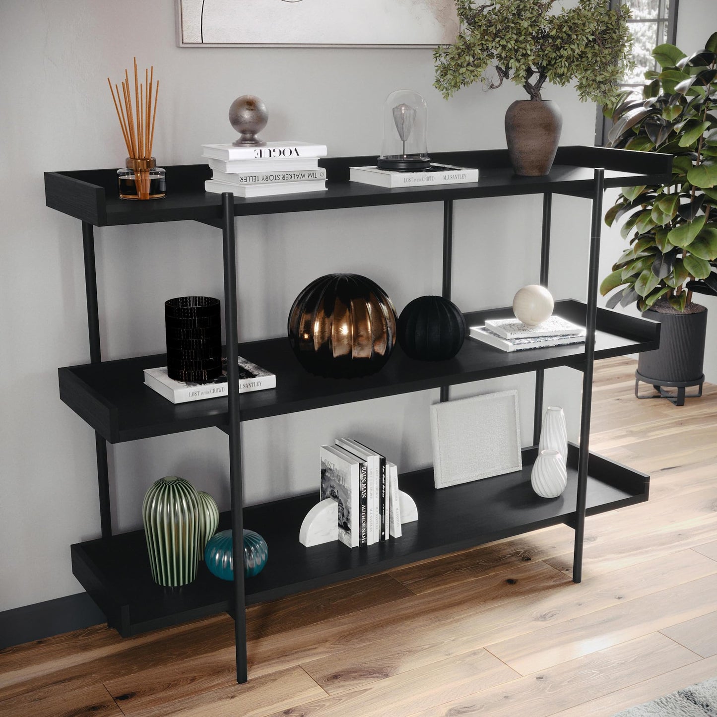 Martha Stewart Emmett 3 Shelf Bookcase with Vertical Metal Frame, Home Office Storage Display Unit, 35" H, Walnut Wood Grain/Polished Brass