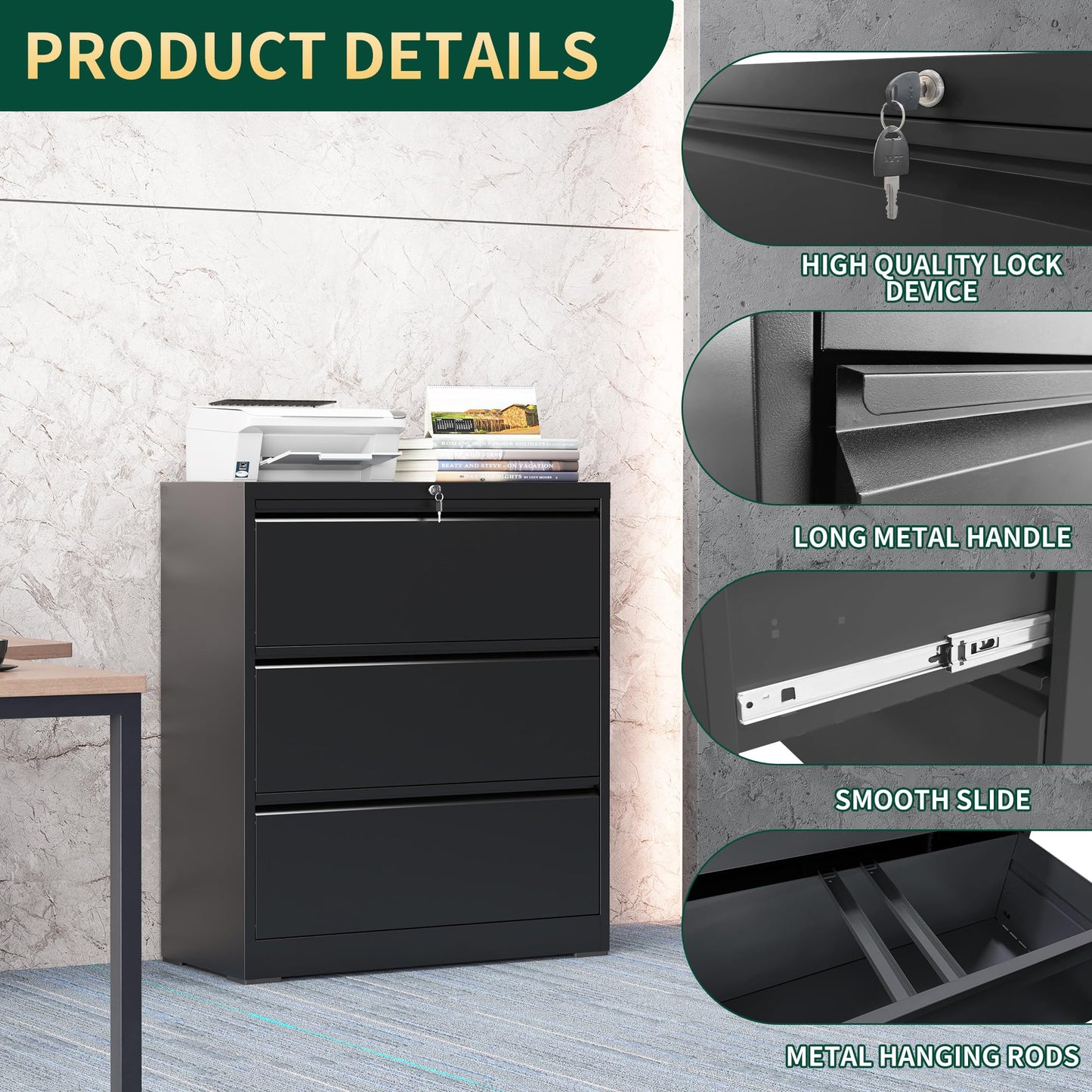 FOSTOKO 3 Drawer Lateral File Cabinet with Lock, Metal File Cabinets for Home Office, Steel Heavy-Duty Filing Storage Cabinet for Letters/Legal/A4 (Require Assembly, Black)