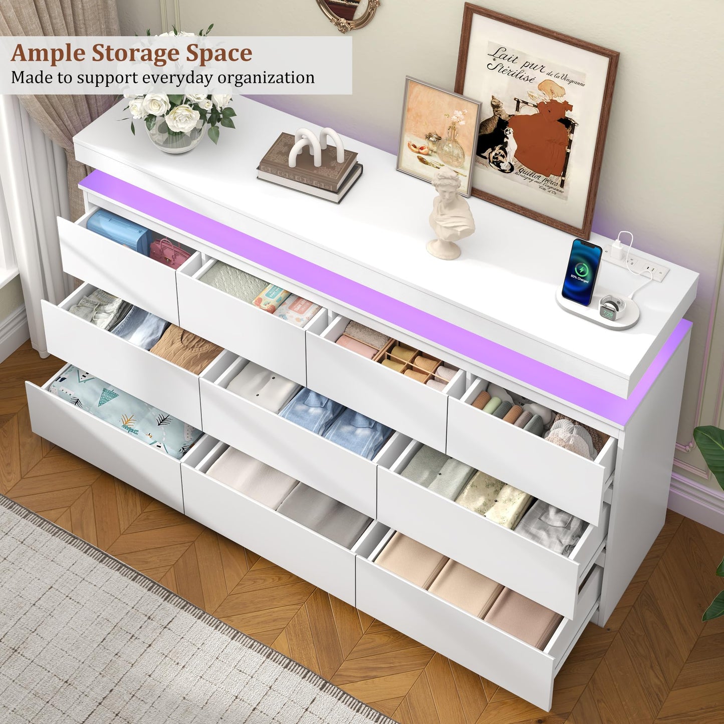 10 Drawer Dresser for Bedroom, 63“ Wide 34” Tall Drawer Organizer Cabinet with LED Light and Charge Station, Modern Chest of Drawers for Closet, Living Room, Entryway, Hallway (White, 10 Drawers)