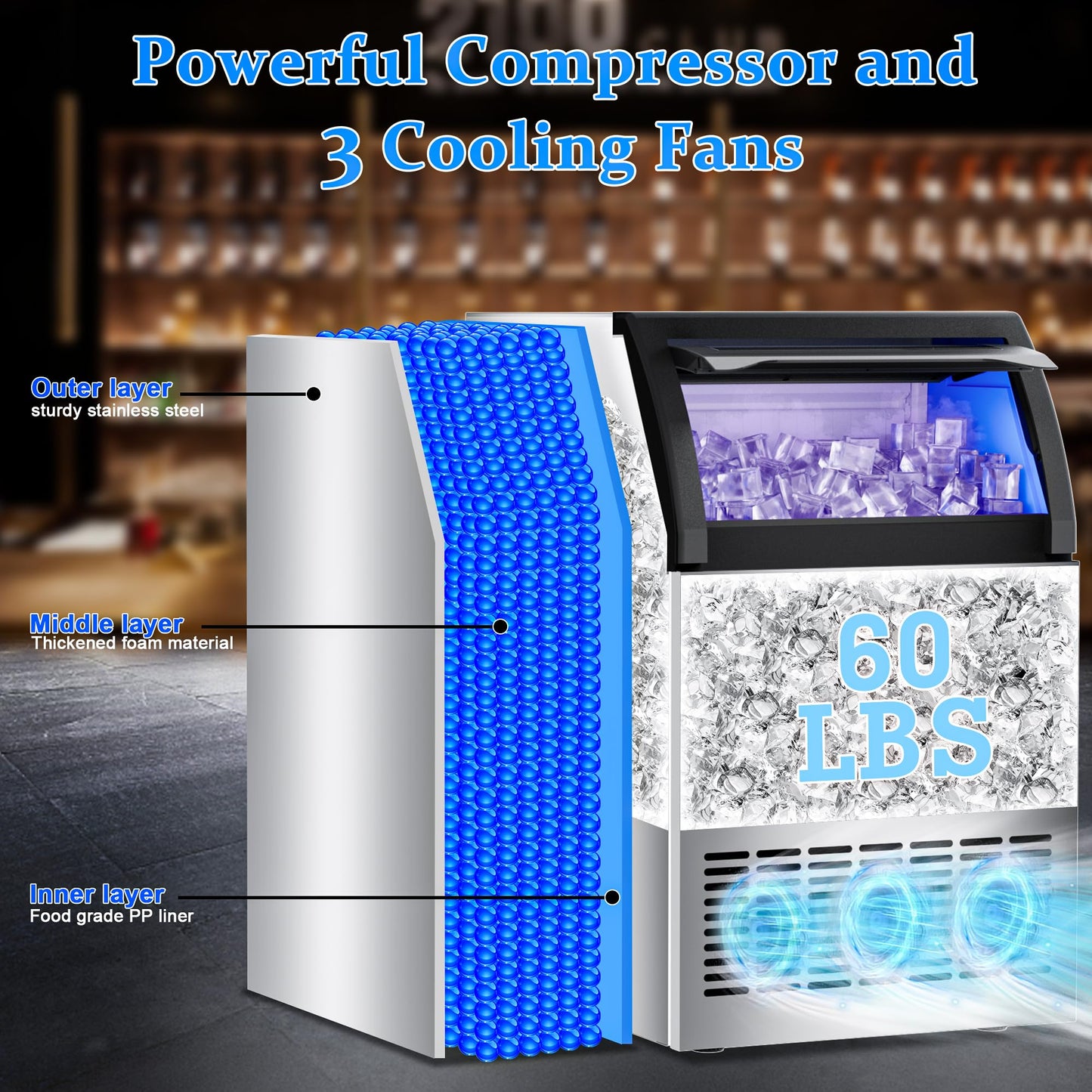 Commercial Ice Maker Machine 200lbs/24H,Stainless Steel Spray Drench Ice Maker 60lbs Storage,50pcs Hat Cubes Per Cycle,Freestanding Gourmet Ice Maker Self-Cleaning for Office, Restaurant, and Bar