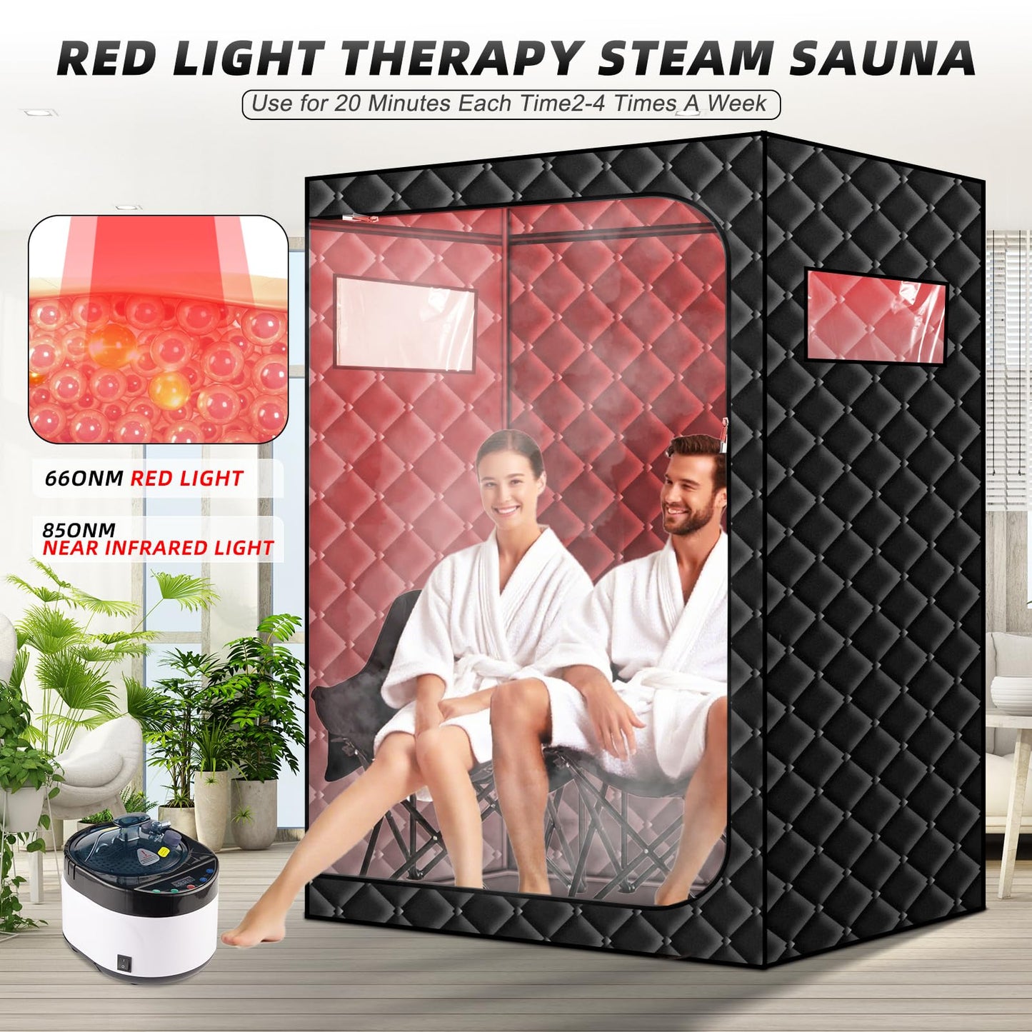 TaTalife 2 Person Steam Infrared Sauna Box, Portable Full Size Home Sauna Tent with 660nm Red Light Therapy, 4L 1600W Steamer, Remote Control