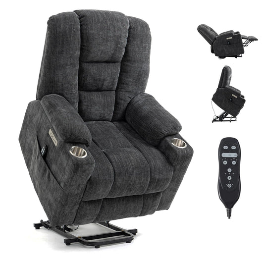 RHHVVR Power Lift Recliner Chair for Eldery, Chenille Electric Recliner Chairs with Massage and Heat, Remote Control Standing Assistance Lay Flat Recliner Sofa for Living Room Medium-Firm, Grey