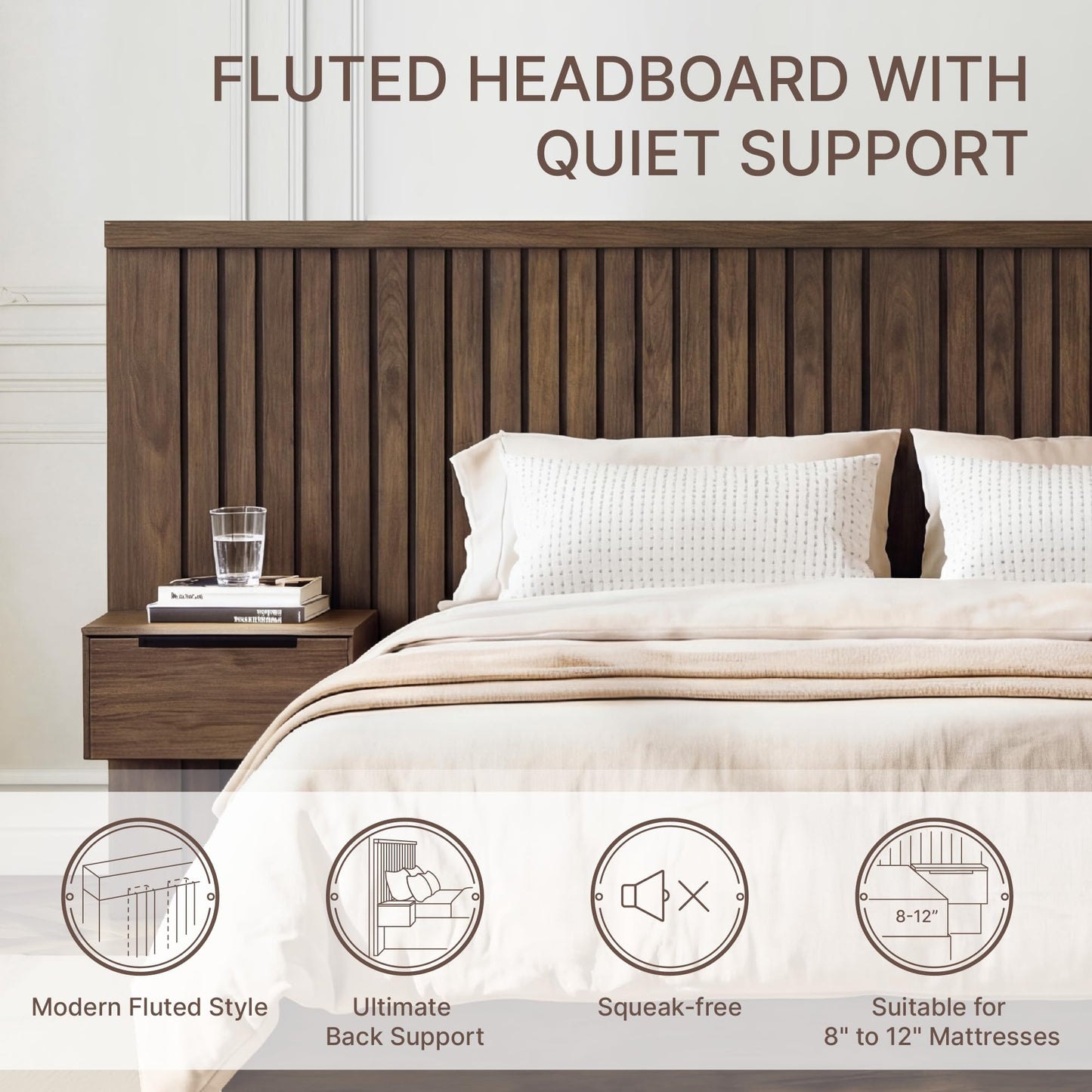 KISLOT Queen Size Wood Bed Frame with Built-in Nightstands, Modern Fluted Headboard & Storage Drawers, Solid Wood Slat Support, No Box Spring Needed, Noise-Free, Easy Assembly
