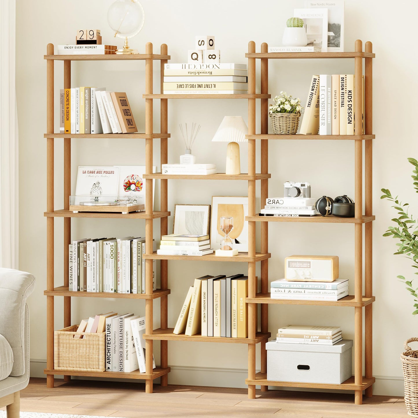 IOTXY Wooden Triple Wide Bookshelf - 5-Tier Large Shelf Bookcase with Solid Beech Frame, Tall Freestanding Open Etagere Display Rack for Home Office, Oak