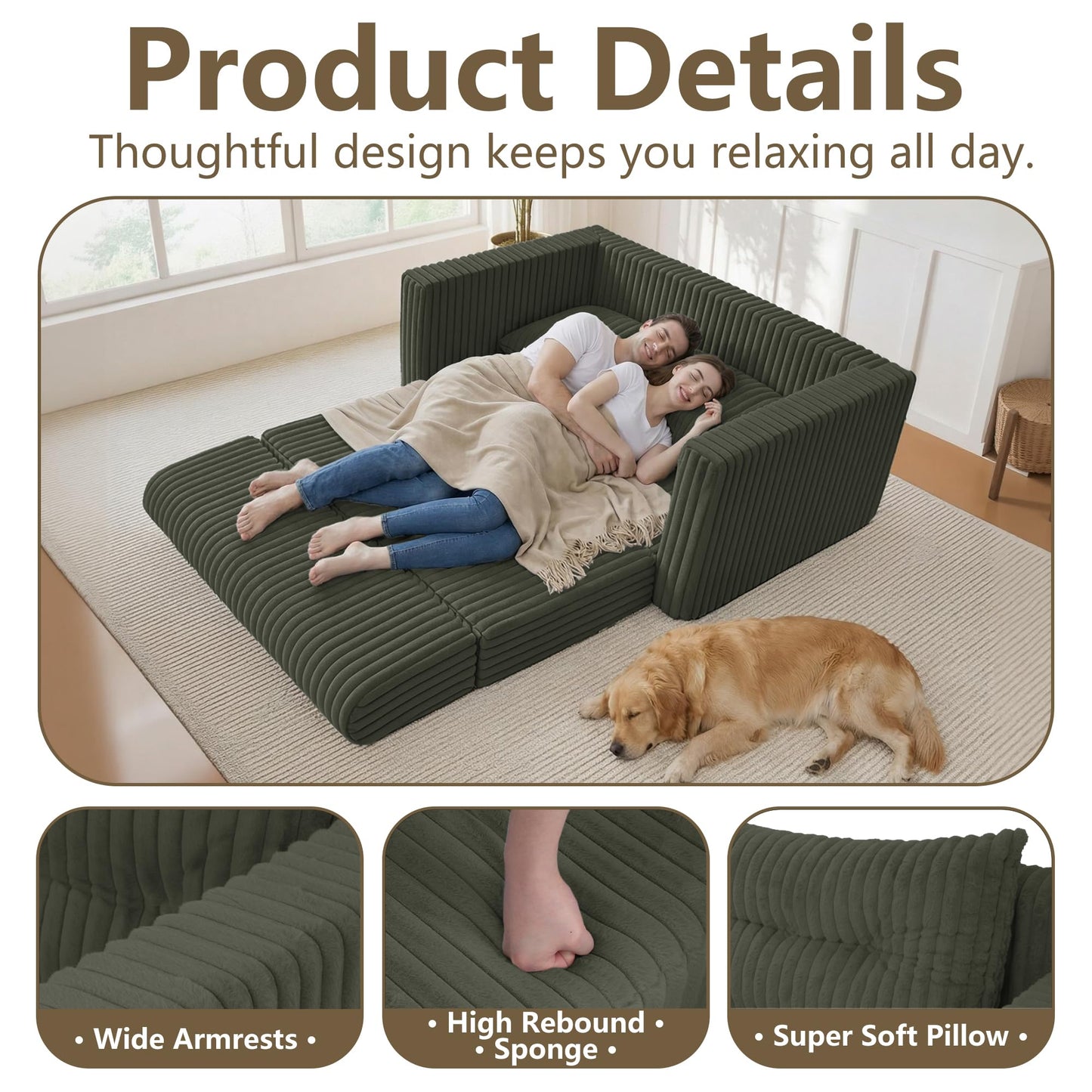 HABUTWAY 41.3" Loveseat Boneless Couch, 4-in-1 Convertible Sofa Bed, Plush Fur Folding Futon Sofa Bed Couches with a Pillow for Living Room, High-Density Foam Support, No Assembly Required, Green