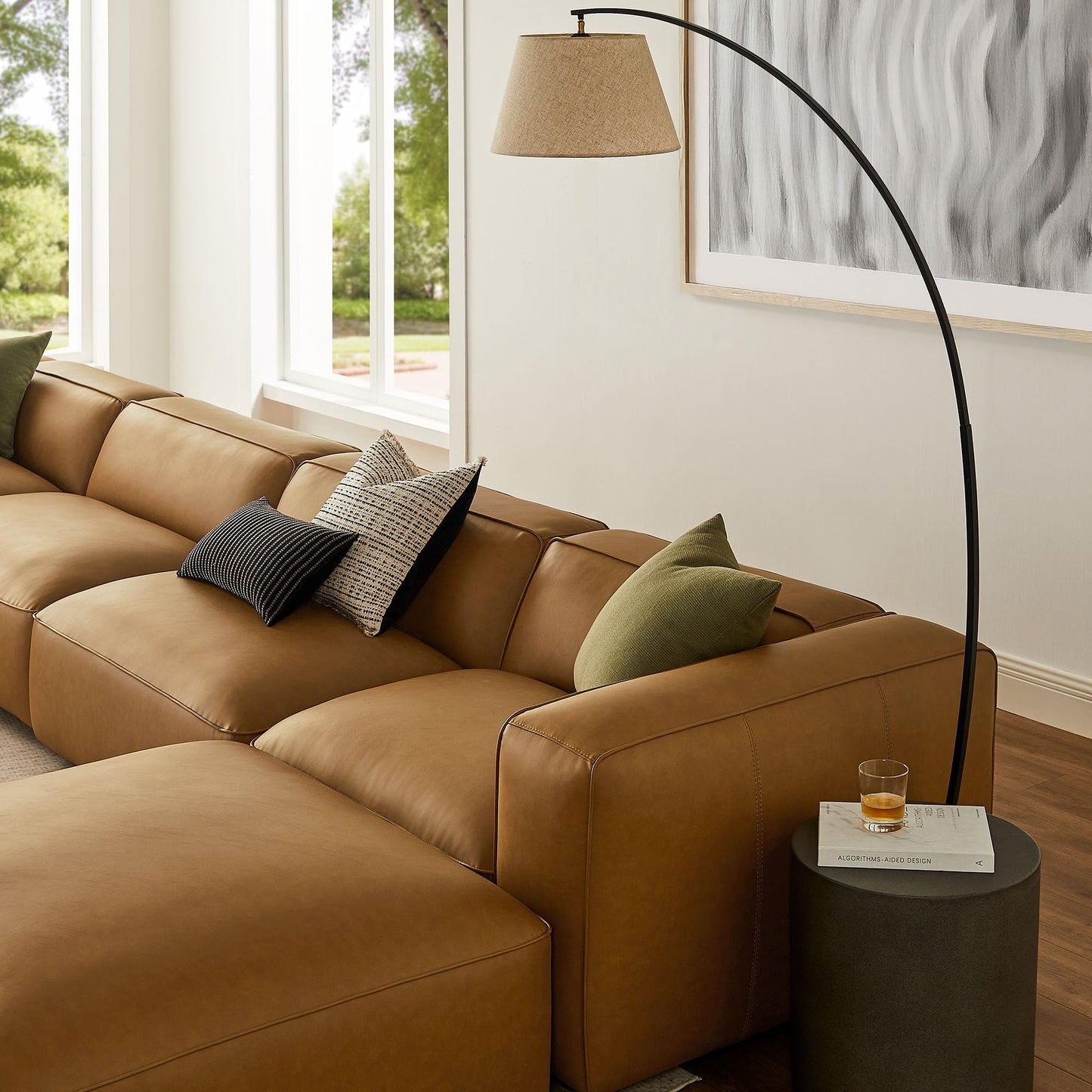 Modway Auren Vegan Leather 6 Piece Modular Sofa in Camel - Faux Leather 4 Seater Sectional - Comfy Modern L Shaped Sofa - Oversized Mid Century Modern Couch for Living Room