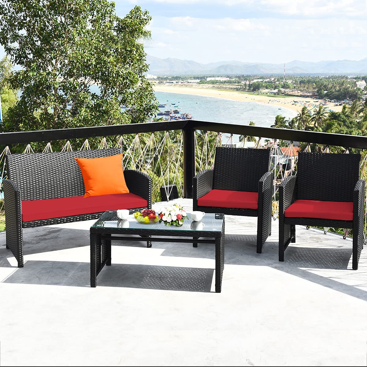 Tangkula Patio Wicker Conversation Furniture Set, Patiojoy Sofa & Table Set w/4 Seats, Outdoor Rattan Sofa Set for Balcony Backyard, Wicker Chair Set with Tempered Glass Coffee Table (1, Red)