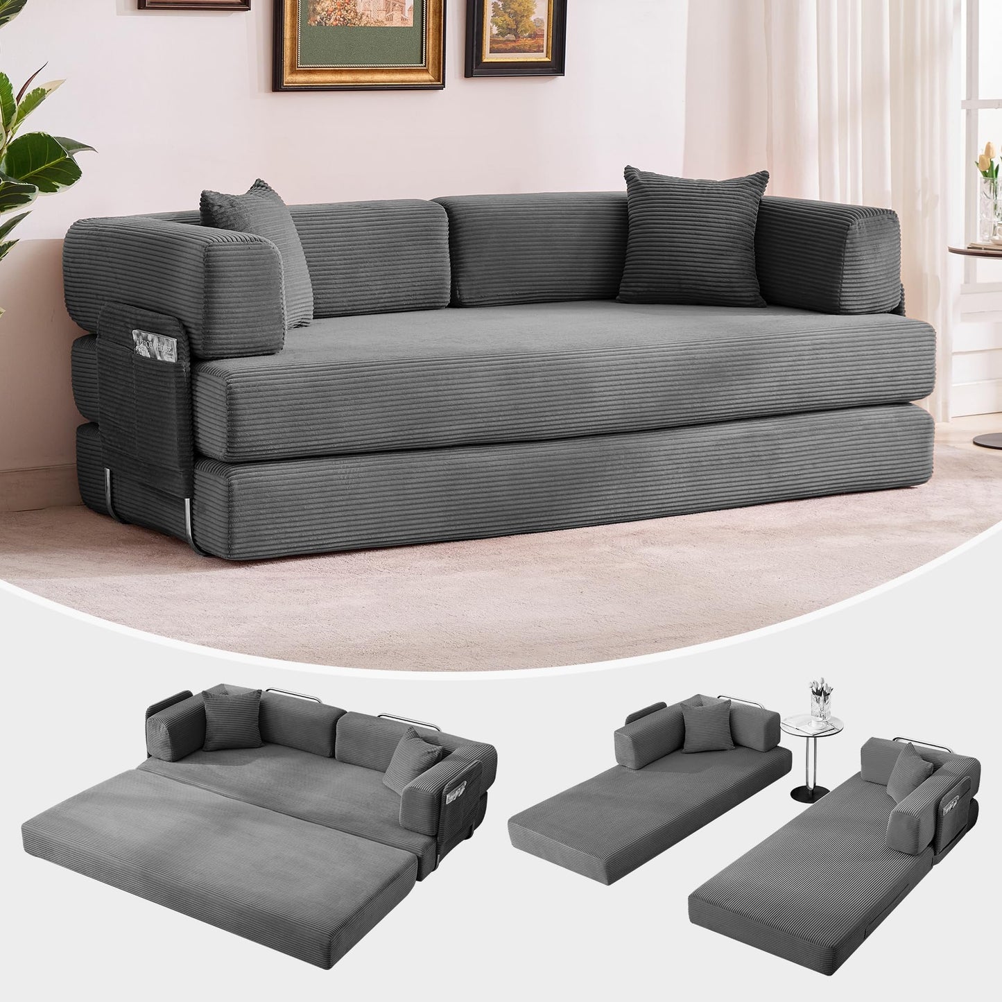 GarveeLife 78.8" Modular Corduroy Sofa Bed,5 in 1 Convertible Futon Floor Couch with Pull-Out Sleeper,Multi-Functional Futon for Living Room Guest Room & Small Spaces