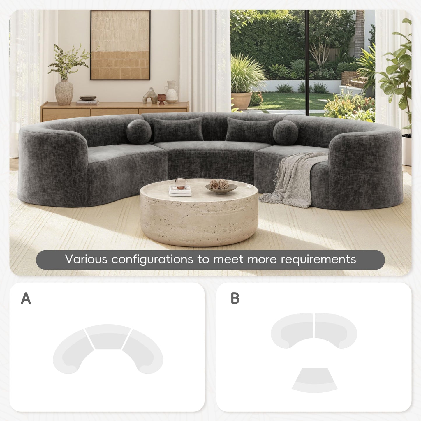 Merax 153" Chenille Modular Sectional Sofa Set, 6 Seat Curved Frameless Oversized Cloud Couch with 4 Pillows, Free Combination Hook & Loop, Fully Compressed, No Assembly for Living Room, Gray