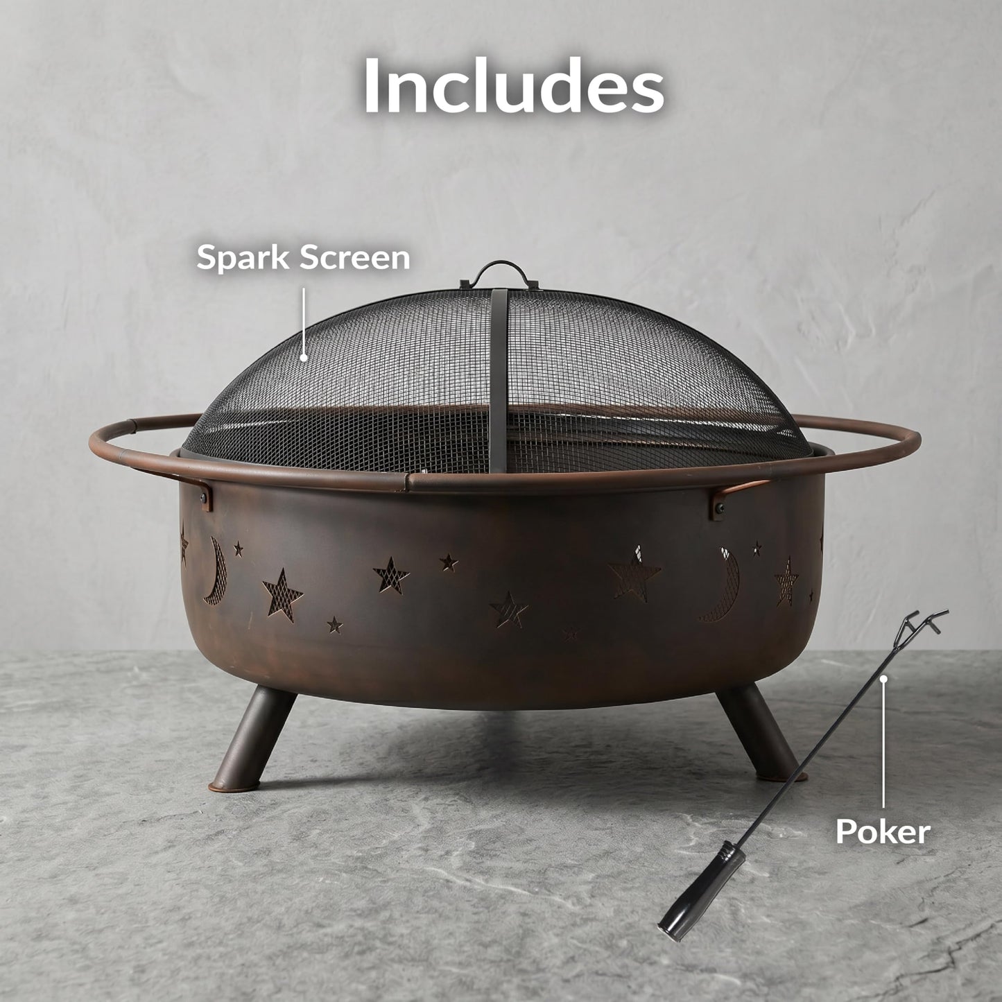 Sunnydaze Cosmic 42-Inch Large Outdoor Fire Pit - Wood-Burning Firepit for Outside Patio, Backyard, Deck - Steel - Wood Grate, Spark Screen, and Fireplace Poker Included - Bronze - 34” Bowl Diameter