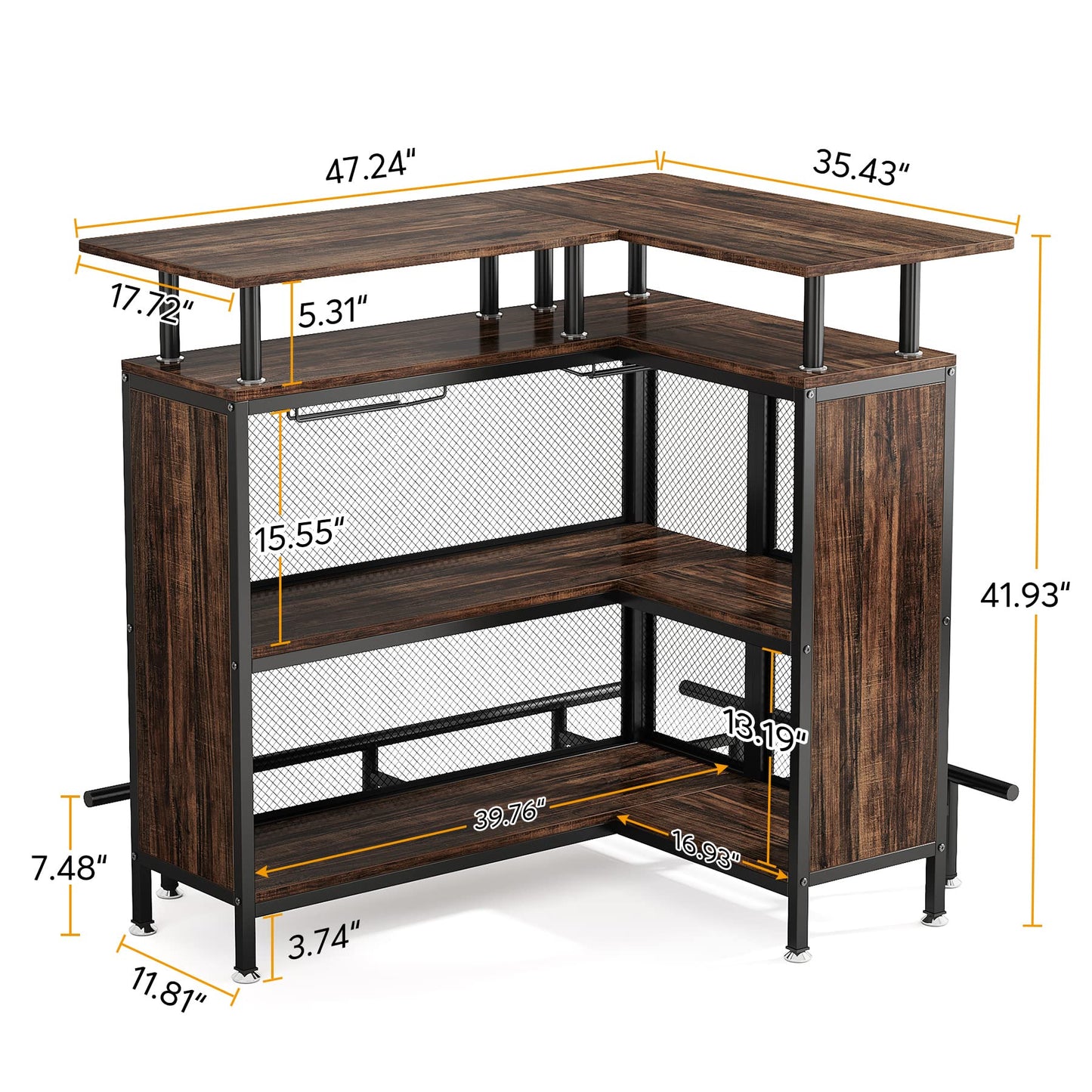 Tribesigns Home Bar Unit, L-Shaped Bar Table with Stemware Racks and 2-Tier Shelves, Corner Mini Coffee Liquor Cabinet with Footrest for Home/Kitchen/Pub, Rustic Brown