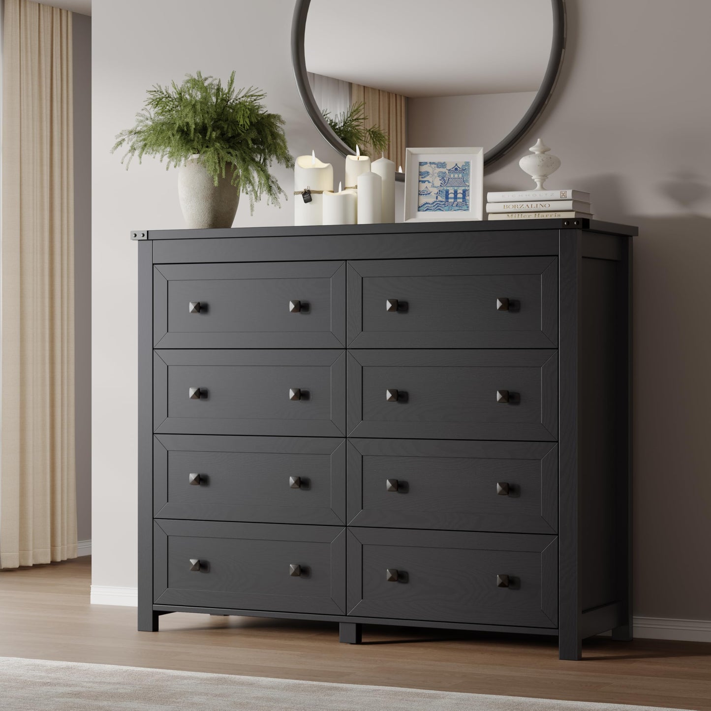BORNOON Tall 8-Drawer Dresser, Modern Wooden Storage Chest of Drawers, Dresser TV Stand, Wood Drawer Organizer with Metal Handles for Bedroom, Living Room, Hallway