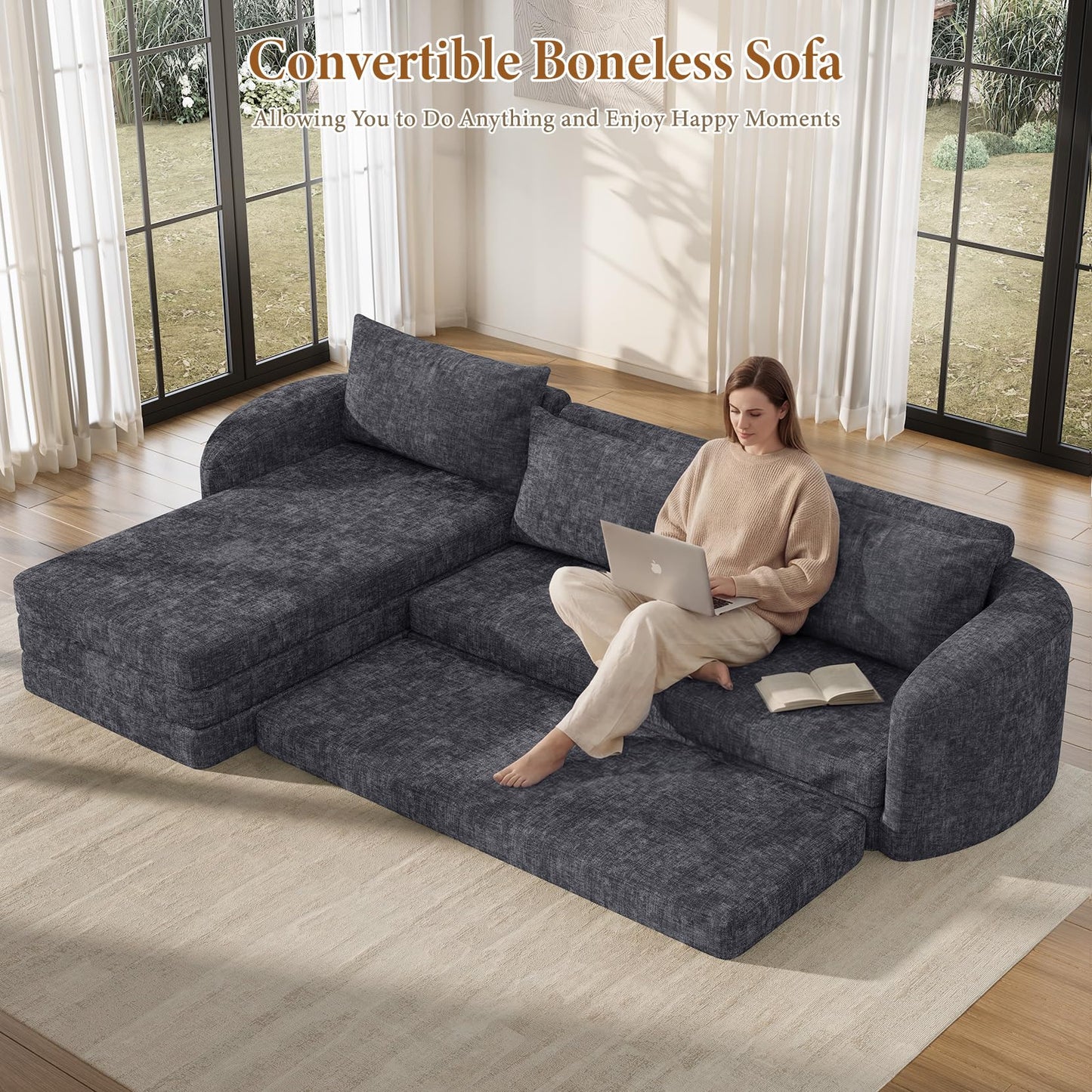 Vesgantti 110.2" Modular Sectional Sofa with Curved Armrest, 6 in 1 Convertible Folding Sleeper Sofa Bed, Chenille Boneless Couch for Living Room, No Assembly Required, Blue, Left Facing Chaise