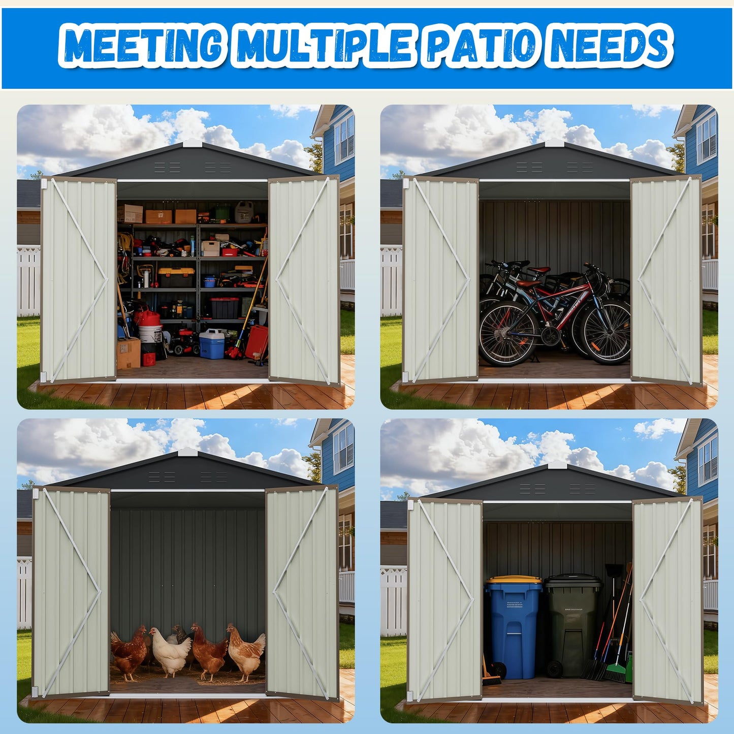 Greesum 8x8FT Outdoor Storage Shed, Utility Tool Shed with Sloping Roof, Metal Storaged Garden Shed with Door & Lock for Patio Storage, Brown