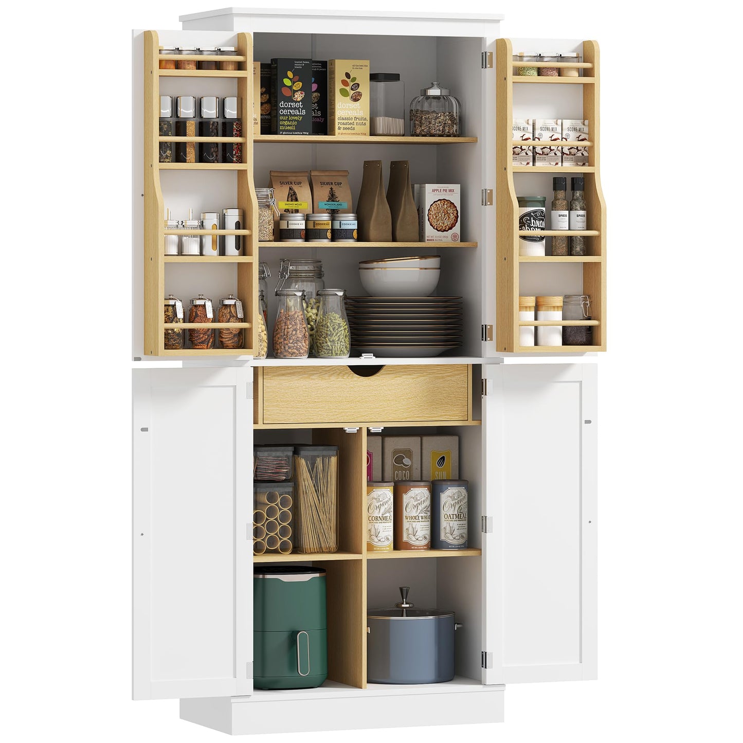 HOMCOM 72" Kitchen Pantry, Modern 4-Door Kitchen Storage Cabinet with Inside Drawer, Hanging Door Shelves, 5-Tier Shelving and Adjustable Shelf, White