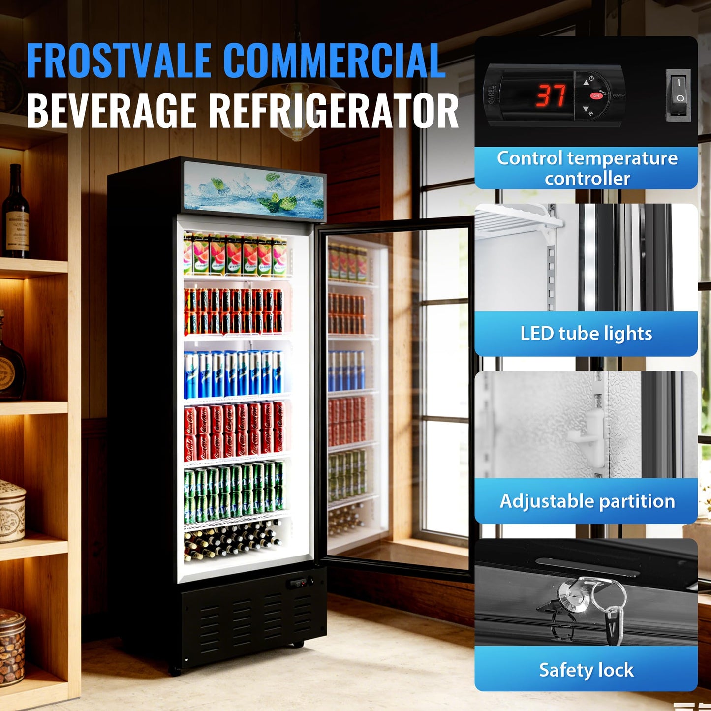 Frostvale 15 Cu.Ft Commercial Display Refrigerator, Black Single Glass Door Beverage Cooler with Lighted Header, ETL Upright Merchandiser Fridge for Drinks, Soda, Beer, Cafe, Store, Bar
