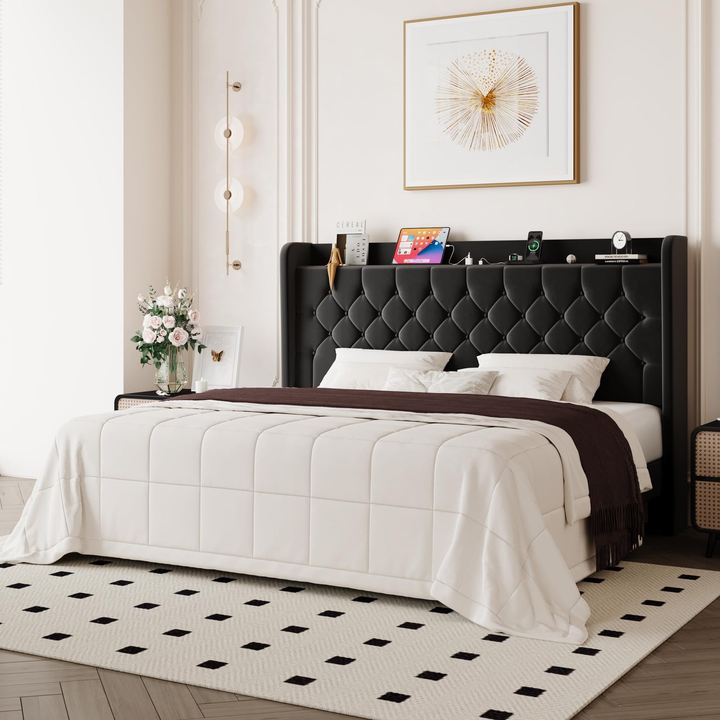 Allewie King Size Bed Frame, Storage Headboard with Charging Station, Wingback Velvet Upholstered, Diamond Stitched Button Tufted, Sturdy Wooden Slats, No Box Spring Needed, Easy Assembly, Black