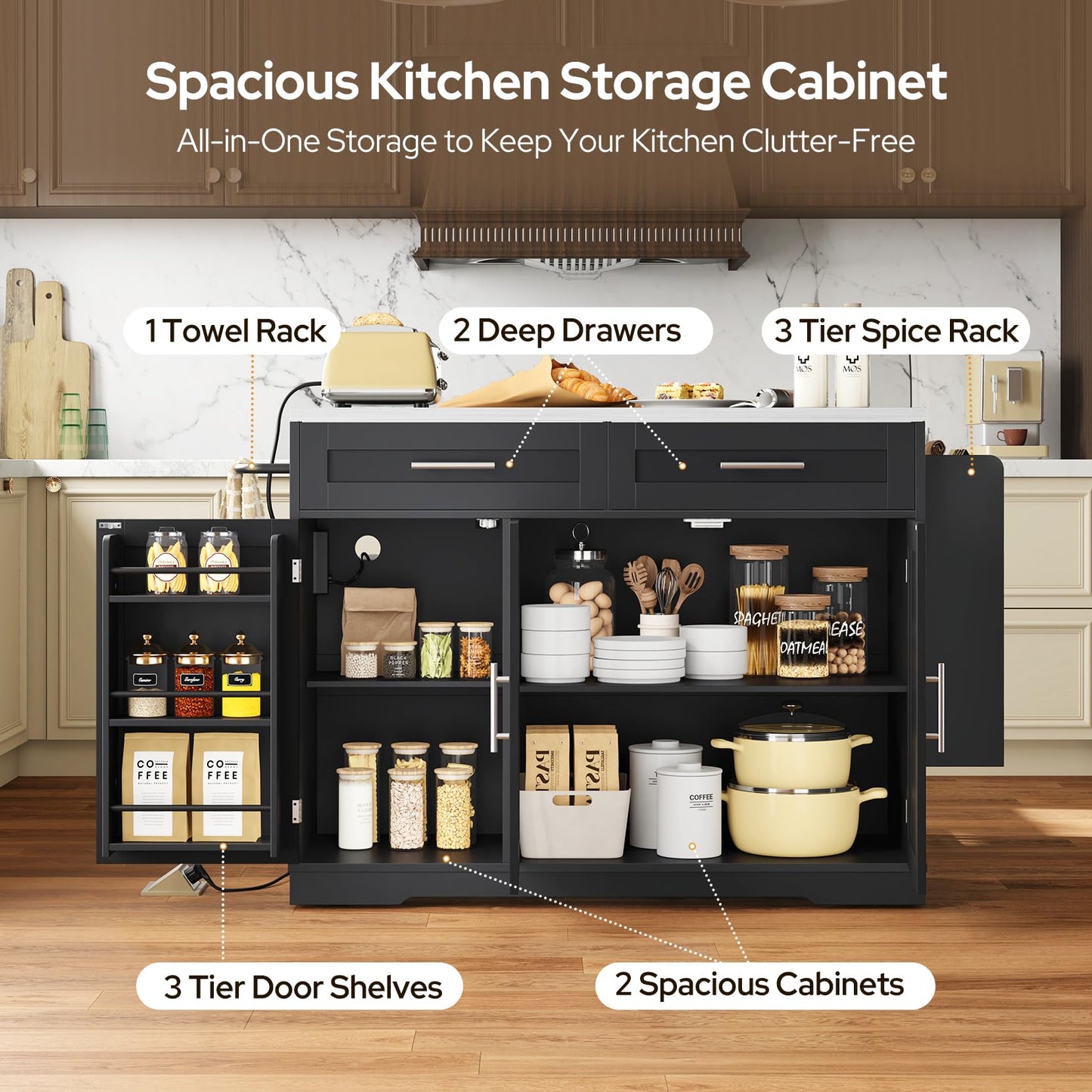 Concho 56'' Rolling Kitchen Island with Seating and Stainless Steel Countertop, Mobile Kitchen Carts with Folding Drop Leaf, 2 Bar Stools, Power Outlet, Spice/Towel Rack, Zest Black