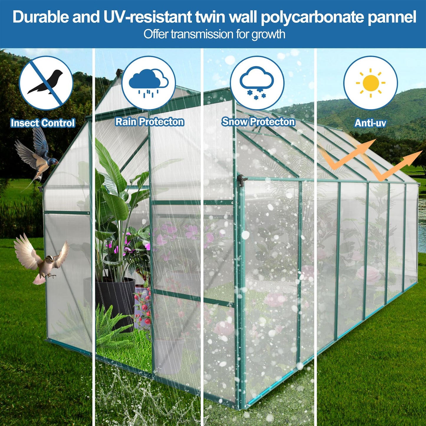Acosure 6x12 FT Greenhouse Outdoor Polycarbonate Hot House,Garden Plants Houses with Raised Base,Sliding Door and Adjustable Vent Roof for Patio,Easy to Install,Green