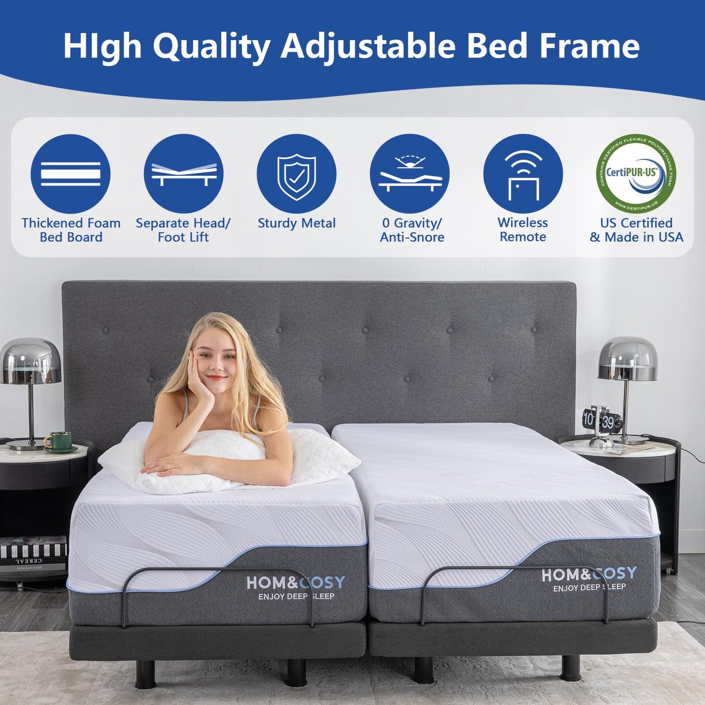 Queen Size Adjustable Bed Frame, Updated Adjustable Beds with Thickened Frame, Wireless Remote, Voice control, Separate Head/Foot Lift, Sturdy Metal, 0 Gravity/Anti-Snore, Smart Electric Bed Base