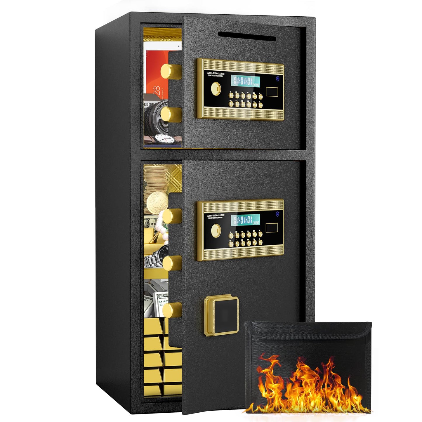 GOWE Large Double-Door Coin-Operated Safe,Digital Security Safe with Fireproof and Waterproof Bag,6.0 Cubic Feet Safe Box with Hidden Code Function for Home,Office and Hotel