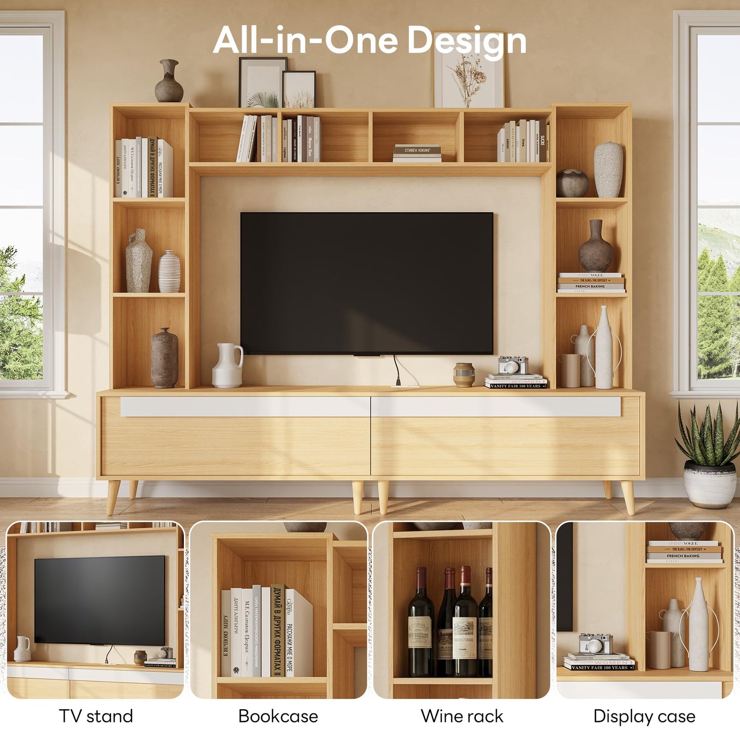LIKIMIO 86.6" W Wall Unit Entertainment Center for TVs up to 65 inches, Large TV Stand with Bookshelves, Built-in Power Outlet, 10 Open Shelves & 2 Drawers, Wood Media Center for Living Room