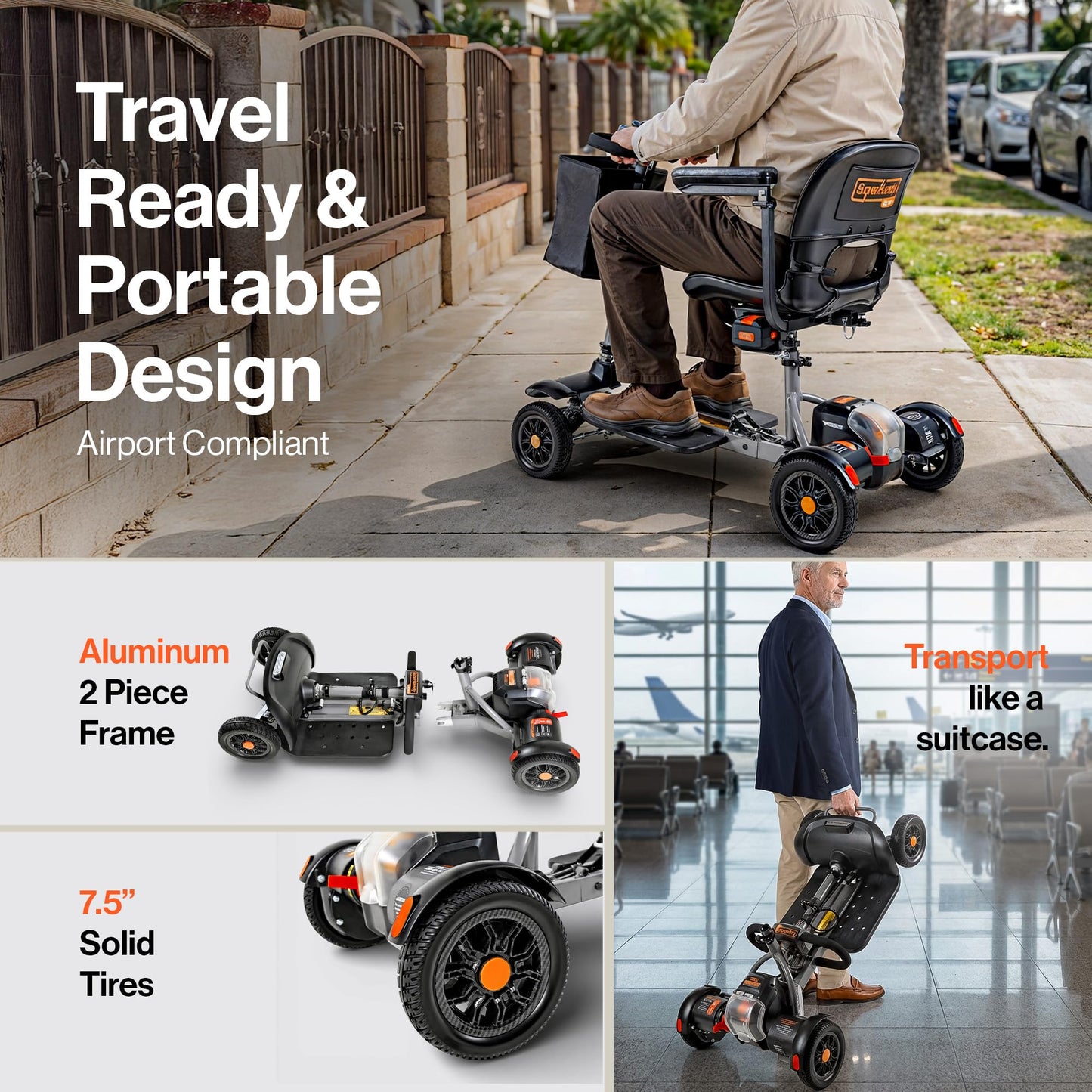 SuperHandy Passport Flex 4 Wheel Power Mobility Scooter – Quick-Disassembly Aluminum Frame, Foldable & Compact, 48V Li-Ion Battery
