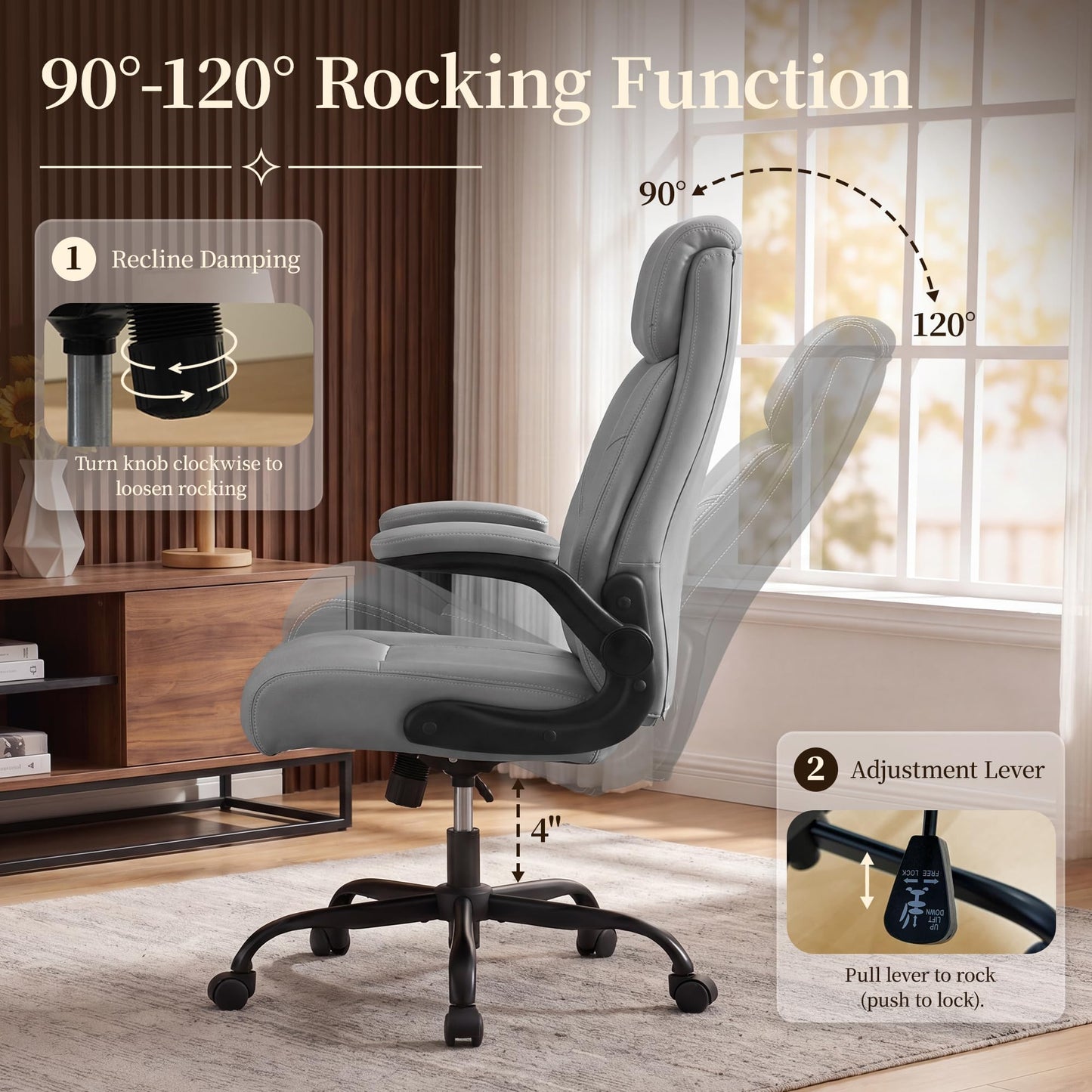 OwgeinSet Office Chair, Leather Ergonomic Computer Desk Chair with Rocking Function, High Back Executive Home Office Chair with Adjustable Flip-up Armrests, Lumbar Support, 360° Swivel, Elegant Grey