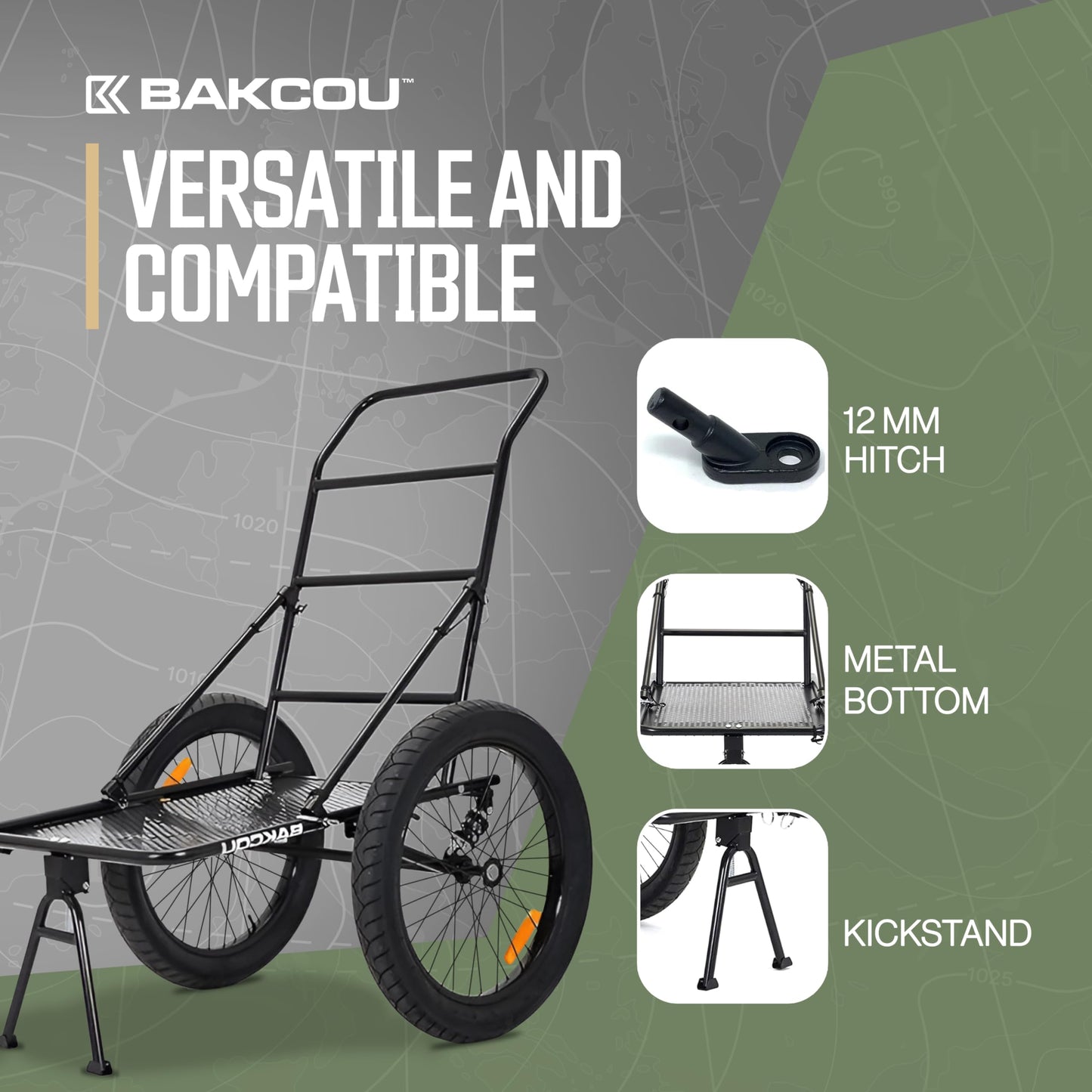 Bakcou - Folding Utility eBike Trailer - Hitch Attachment, Axle Extenders, 16x3 Fat Tires, Heavy-Duty Cargo Storage Cart with Canvas Liner