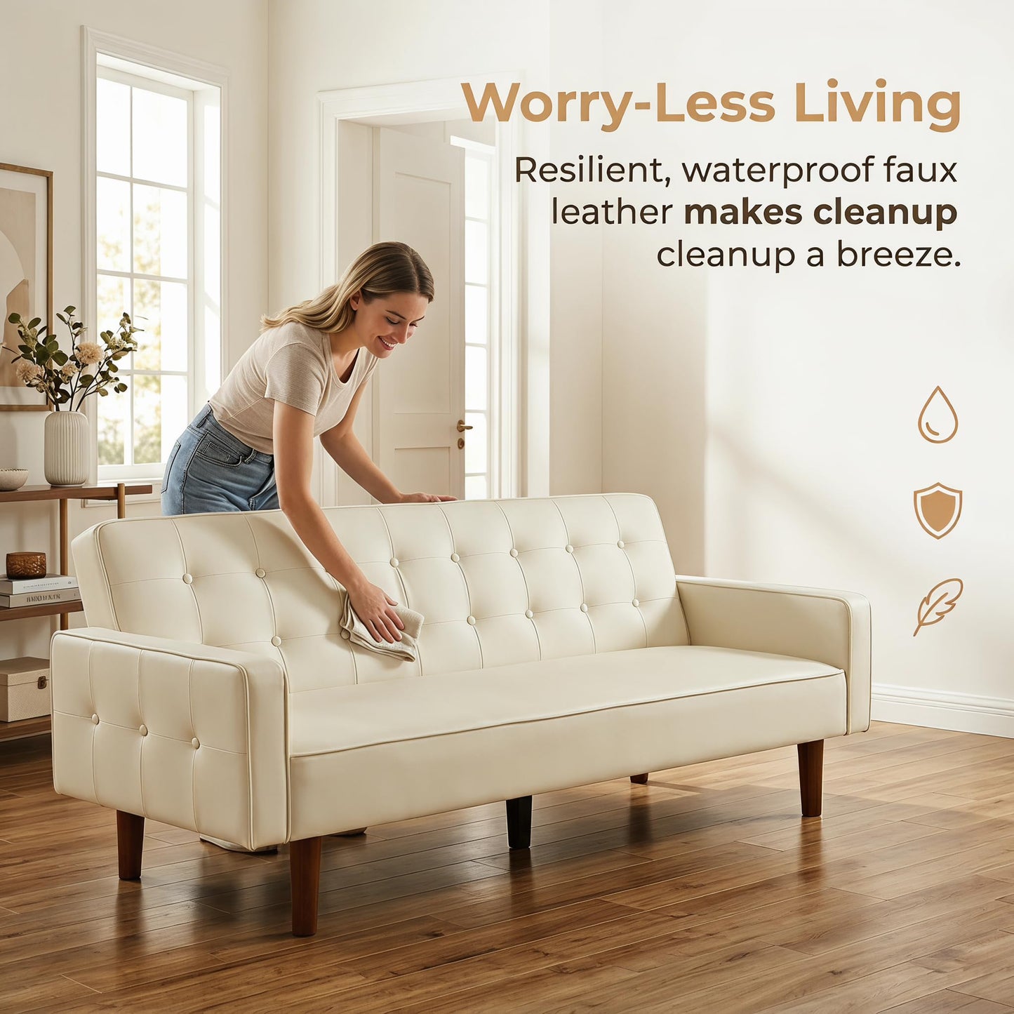 NicBex PU Leather Couch Bed, 3 Seater Leather Sofa with Adjustable Backrest, Leather Sofa Couch with Wood Legs, Modern Convertible Loveseat Sofa for Office & Living Room, Leather White