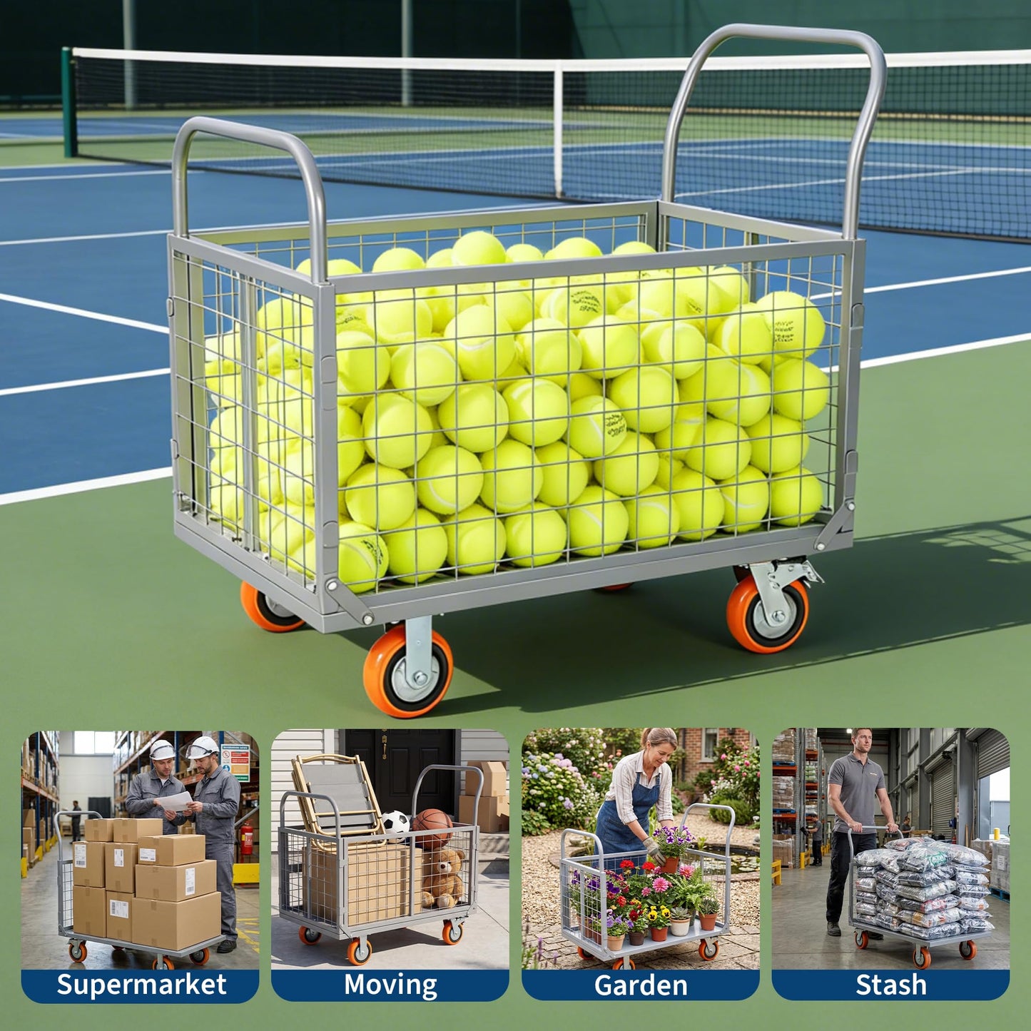 Platform Truck Cart with Cage, 6-in-1 Multi-Purpose Push Cart Dolly, Foldable Hand Truck Load 1800 LBS with 4 Wheels Flatbed Cart for Grocery, Laundry, Garage, Warehouse,Silver