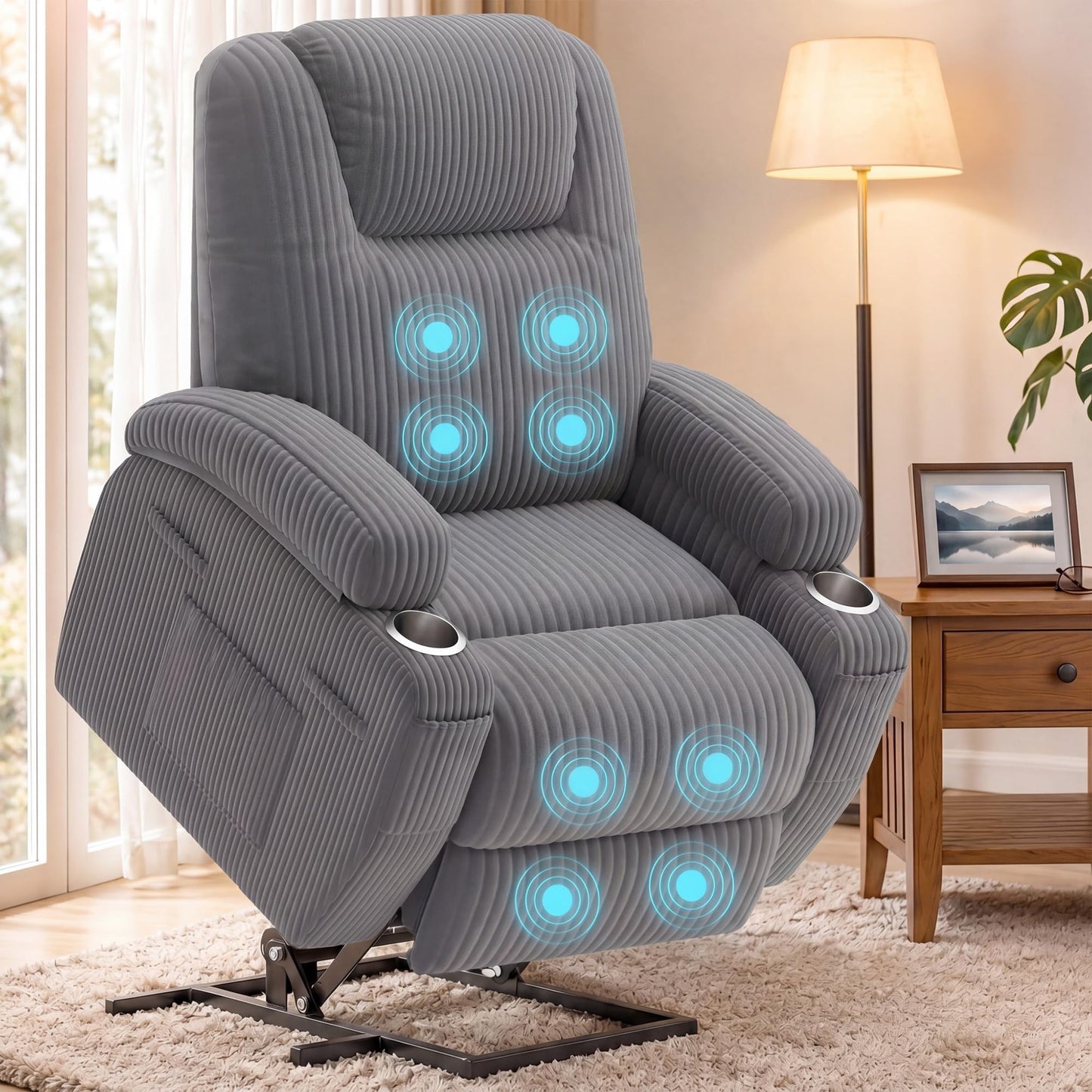 Flamaker Power Lift Chair Massage Recliner Chairs for Elderly, Corduroy Ergonomic Design with Cup Holders & Side Pockets, Remote Control (Dark Gray)