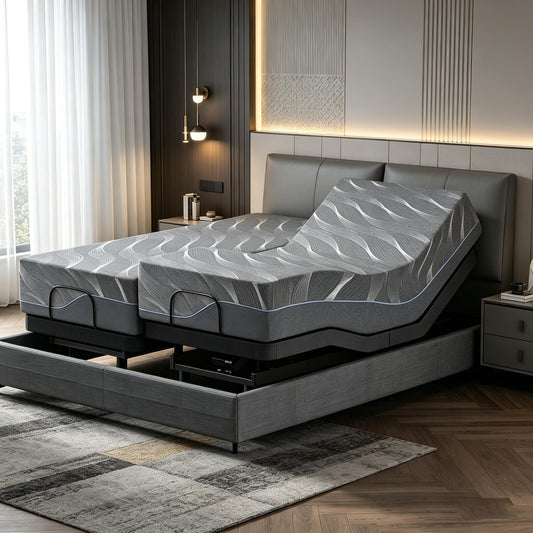 Adjustable Bed Frame Split King, Bed Base with 14 Inch Grey Gel Memory Foam Medium-Firm Mattress in Box, Adjustable Bed with Adjustable leg height, Easy Assembly Smart Electric Hospital Bed furniture